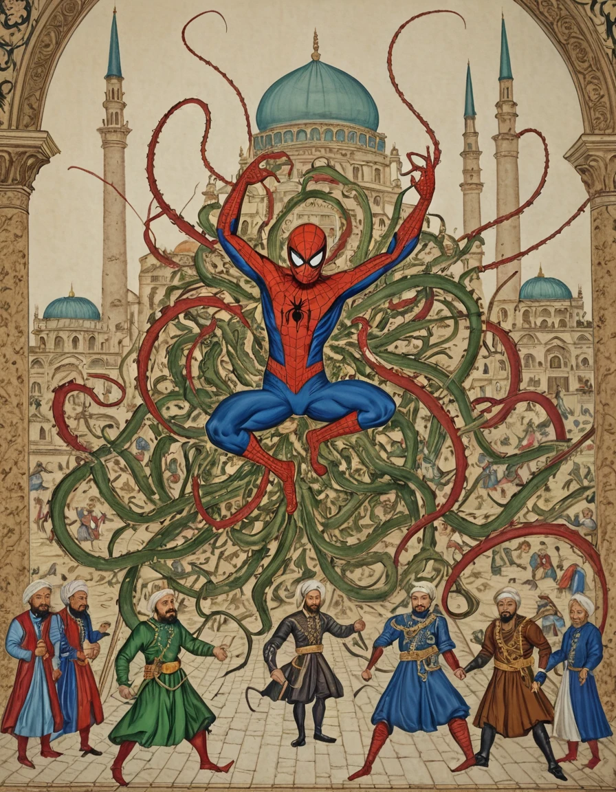 Create a dramatic battle scene between Spider-Man and Doctor Octopus in the style of Ottoman miniature art. The scene should be set in front of a grand castle wall, with Spider-Man and Doctor Octopus engaged in a fierce combat at the center. Spider-Man, in his classic red and blue suit, should be depicted leaping and shooting webs, while Doctor Octopus, with his distinctive mechanical tentacles extending from his back, attacks with ferocity. Behind Doctor Octopus, a group of Janissaries should be depicted, standing in formation and watching the battle. Behind Spider-Man, a group of rebels should be portrayed, supporting him in the fight. The background should feature intricate Ottoman architecture, including towering minarets, domes, and lush greenery. Use rich colors and intricate details characteristic of Ottoman miniature art to bring the scene to life.
<lora:detailed_notrigger:1> <lora:aidmaImageUpraderv0.3:1><lora:ottomanminiature-000010:1.3>  <lora:HandFineTuning_XL:1>