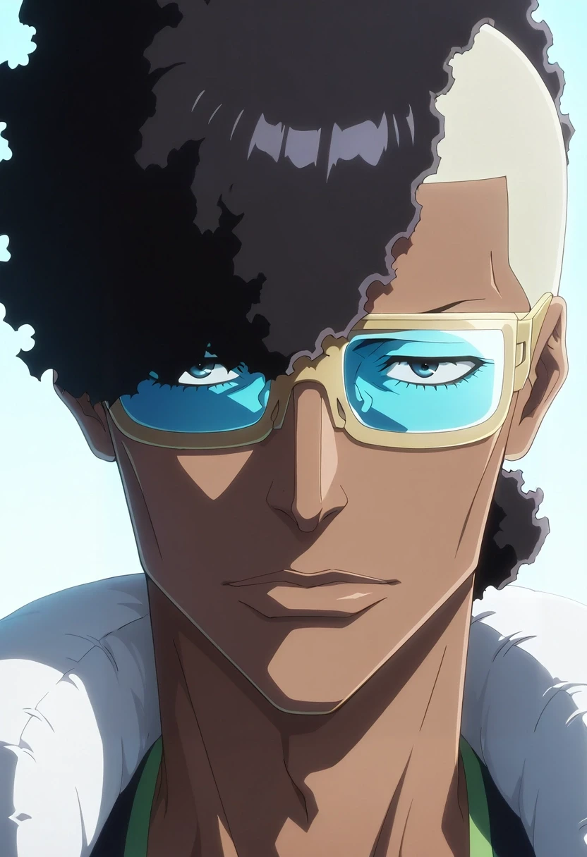 masterpiece, best quality, intricate details, anime screencap, anime coloring, official style, looking at viewer, , 1boy, solo, male focus, <lora:ouetsu_nimaiya_ilxl:0.94>, ouetsu_nimaiya, black hair, sunglasses, tinted eyewear, opaque glasses, , dark skin, dark-skinned male, , , ,