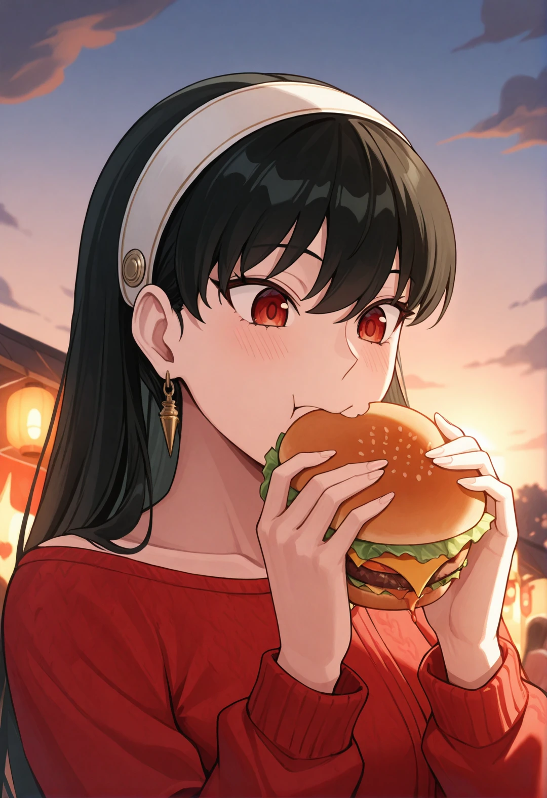 masterpiece, best quality, newest, absurdres, highres, Yor Forger, unique outfit, cute, portrait, hearts, eating a burger, face only, park, lanterns, festival, restaurant, clouds, sunset, dark, warm light, hearts,
 <lora:Yor_Forger:0.8>