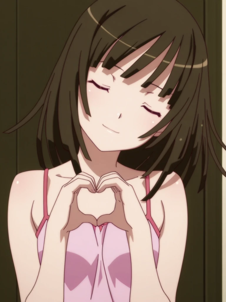 <lora:Nadeko_Illustrious:1>
absurdres, masterpiece,
anime screencap,
1girl, nadeko sengoku, blunt bangs, blunt ends, medium hair, pink camisole, bare shoulders, upper body, head tilt,
own hands together, heart hands, 
light smile, closed eyes,