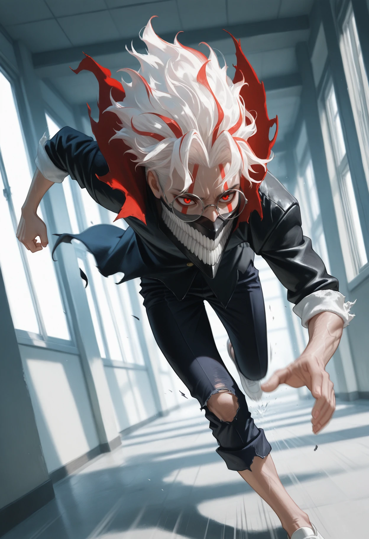 masterpiece, best quality, realistic,
 <lora:Okarun Dandadan [IL]:0.85> okarun, 1boy, solo, male focus, red eyes, glasses, white hair, mask, teeth, long sleeves, multicolored hair, red hair, round eyewear, || rolled up sleeves, school uniform, torn clothes, black jacket, long jacket, pants, torn pants, 
running, motion blur, speed lines, dynamic pose, dynamic angle,