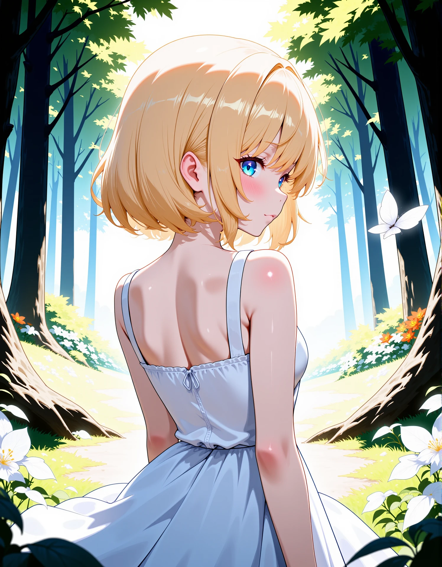 newest, scenery, (dappled sunlight:1.2), rim light, backlit, dramatic shadow, 1girl, blonde hair, blue eyes, shiny eyes, white dress, forest, flowers, white butterfly, masterpiece, best quality, ultra detailed, absurdres, high quality, amazing quality, perfect composition, incredibly absurdres, intricate details, very aesthetic, perfect hand,