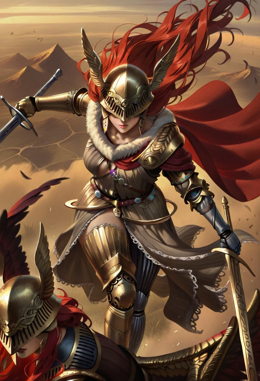 GwentstyleIL-V1.0, masterpiece, best quality, newest, absurdres, highres, 1girl, malenia blade of miquella, floating hair, red hair, long hair, prosthetic leg, armor, gold armor, winged helmet, armor, red cape, prosthetic arm, single mechanical arm, holding sword