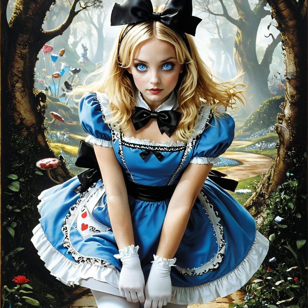 <lora:Ethereal_Gothic_RenaissanceSDXL:1> ArsMJStyle, Etherial Gothic, movie poster about Alice in wonderland, she is with blue eyes, blue dress, white pantyhose, apron, black bow, blonde, The move title is "Wonderland!"