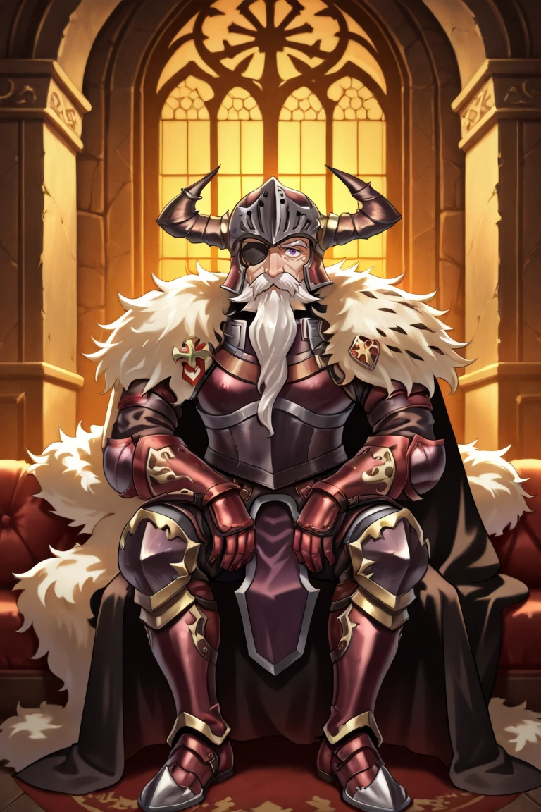 <lora:BaldusIL:0.8> , BldsDef, 1boy, one-eyed, purple eyes, white hair, beard, facial hair, mustache, eyepatch, horns, helmet, horned helmet, fake horns, armor, greaves, gauntlets, fur pauldrons, fur shawl, black cape, cape, old, old man, sitting, interior, tired, fortress, looking at viewer, (solo), masterpiece, very aesthetic, absurdres, best quality, amazing quality, high resolution, detailed background,  <lora:illustrious_quality_modifiers_masterpieces_v1:0.8> ,