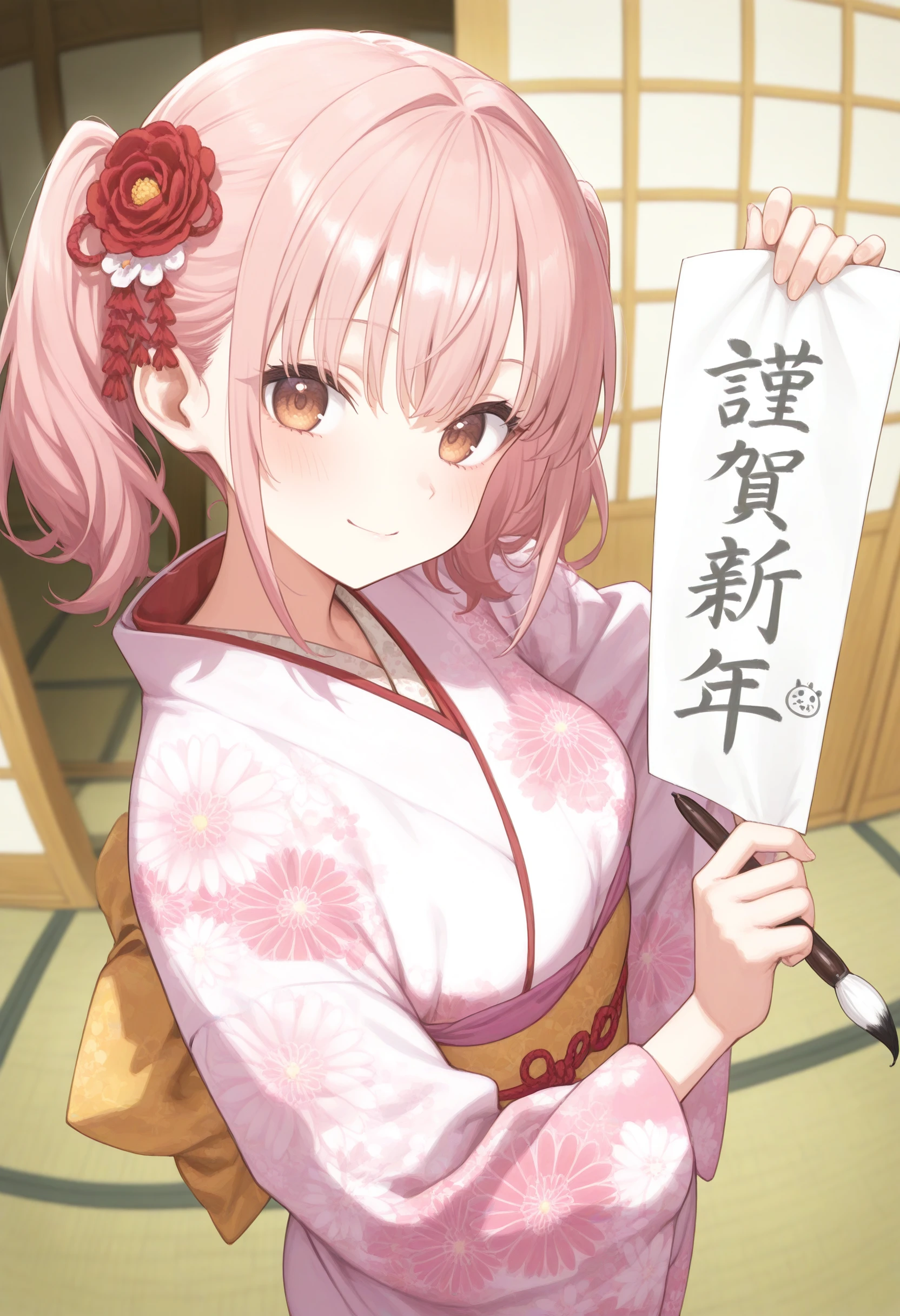 1girl,(sho \(sho lwlw\):0.7),(toosaka asagi:0.5),(sincos:0.3),solo,
masterpiece, best quality, newest, absurdres, CG, anime, source anime, illustration,
japanese clothes, print kimono, hair flower,medium breasts,
kakizome, new year, holding, calligraphy, happy new year, calligraphy brush, holding paper, standing, hand up, arm up, <lora:kakizome_Illust_v1:0.8>
from side, fisheye lens, looking to the side, pink hair, brown eyes,seductive smile, closed mouth, twintails hair,