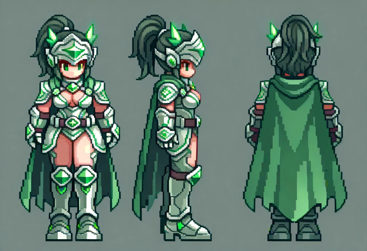 1girl, humanoid_build, tall_and_graceful_frame, pale_skin_with_a_hint_of_blue, serene_dark_green_eyes, long_black_hair_tied_in_a_high_ponytail, pixel_art,
armor: (dragon_bronze_cloth:1.2), polished_green_and_silver_armor_with_dragon_motifs, sturdy_chestplate_with_embossed_dragon_scale_patterns,
cape: flowing_green_cape_with_silver_trim_and_scale-like_patterns,
bracers: heavy_silver_gauntlets_with_dragon_claw_designs_and_runic_inlays,
belt: wide_silver_belt_with_a_dragon_head_emblem_and_green_gem,
boots: knee-high_silver_boots_with_dragon_scale_textures,
helmet: dragon-shaped_helm_with_glowing_green_gem_and_twin_horns,
accessories: ethereal_dragon_aura_orbiting_character, shield_with_dragon_engraving,
pose: standing_in_a_defensive_stance_with_shield_raised_and_a_calm_gaze,
details: faint_dragon_outline_in_background, glowing_runes_in_armor, serene_and_powerful_aesthetic, green_and_silver_palette_with_blue_highlights,
_|_,
Multiple views, front view and side view and back view,
ROSPRITE
,ROSPRITE-ASSASIN
,Big Round breasts, oversized head, open clothes