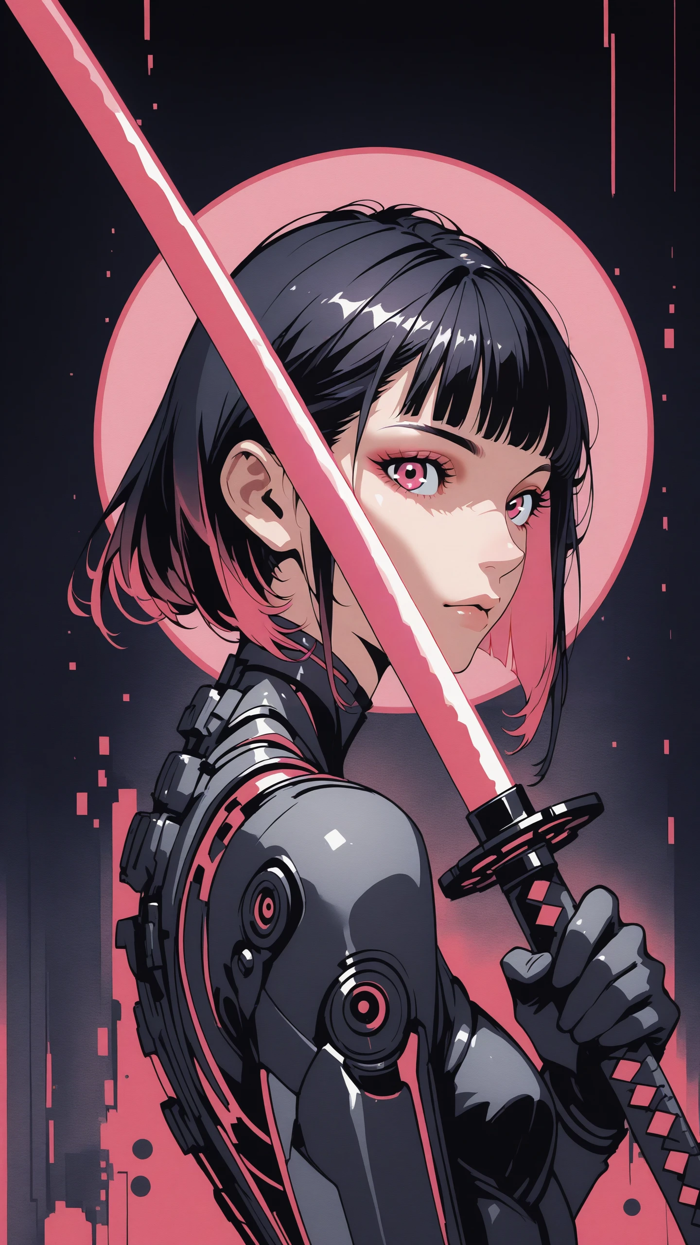 ((reij-drkfnwr art style <lora:drkfnwr:1>):1.2), Masterpiece-level, clean lines, sharp, focused subject, minimalistic composition, side view, upper body view, circle, tangle composition. pink neon lights, black background, futuristic, hime cut, ponytail, beauty, cyber body, katana, abstract background, cyber body details, futuristic, hands, holding katana infront of face, model posing, cheekbones, dynamic motion, dynamic angle, face focus. looking at viewer, detailed eyes, eyelashes, dynamic motion, black light, light from one side, dark shadows.