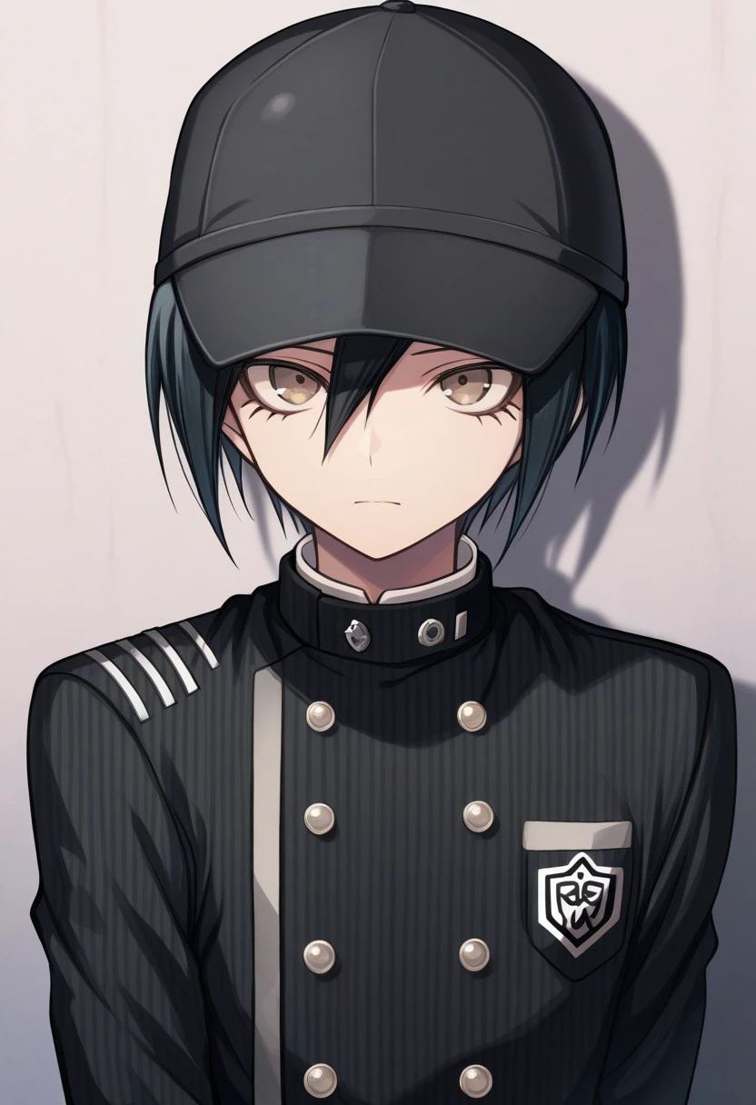 masterpiece, best quality, 
shuichi, 1boy, male focus, solo, brown eyes, black hair,hat, black headwear, baseball cap, short hair, hair between eyes, school uniform, jacket, black jacket, striped jacket, double-breasted buttons, stripes, pinstripe pattern, upper body
indoor,