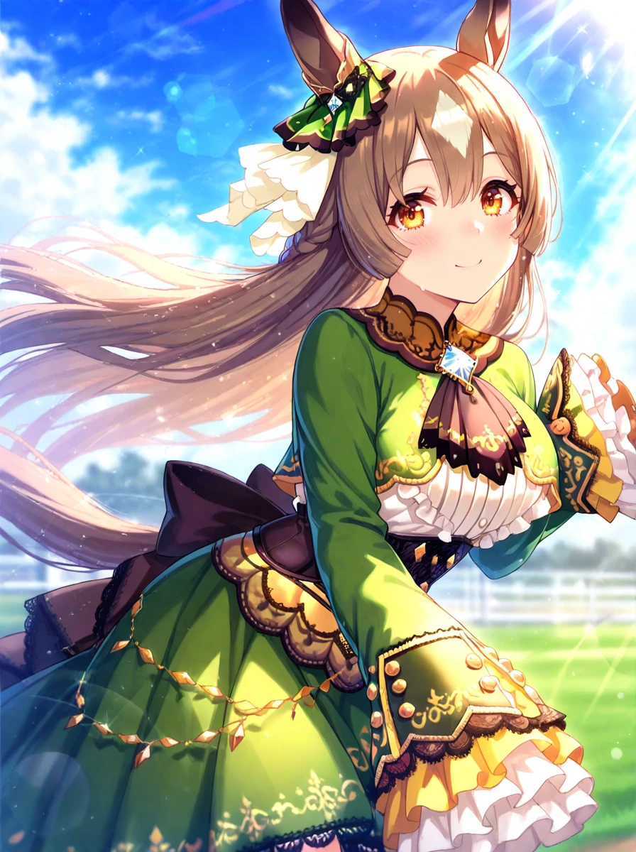 masterpiece, best quality,
satono diamond \(umamusume\), 1girl, horse ears, ear ornament, running, smile, horse tail, looking at viewer, sleeves past wrists, blush, blurry, half updo,  sky, outdoors, brown ascot, white frilled long sleeves, blue sky, blurry background, day, cloud,  depth of field, lace-trimmed high-low skirt green dress,  blue brooch, low back brown ribbon
cowboy shot,light rays,lens flare,light particles,
motion blur, lens flare,outdoors,
<lora:ILL_satono_diamond_ver1.02:0.85>