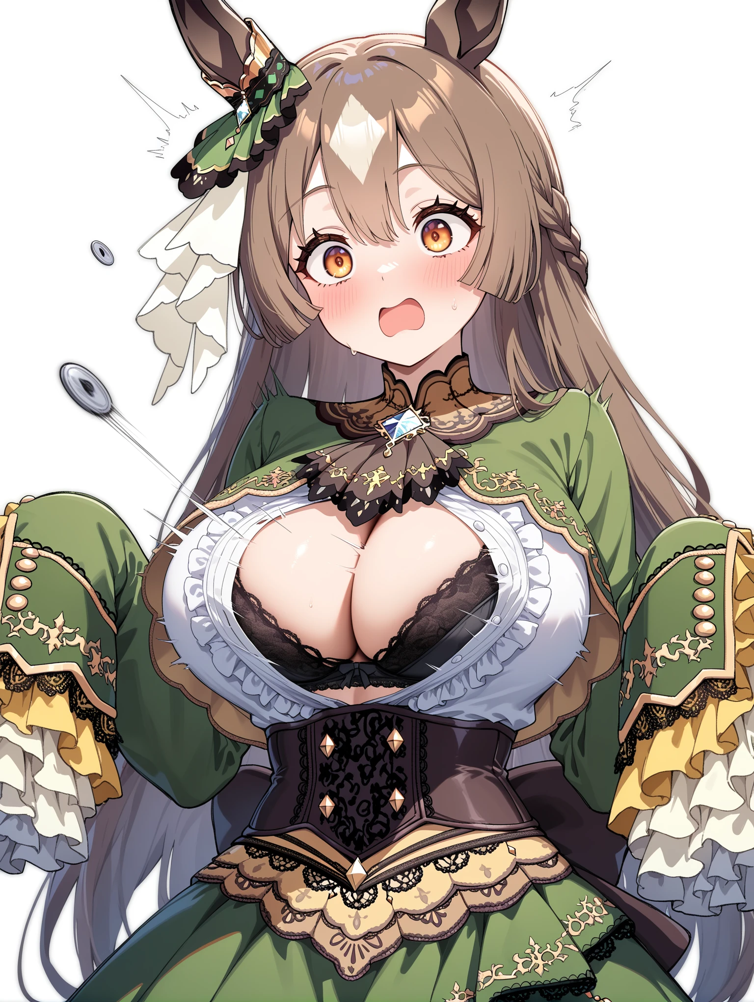 1girl,surprised, satono diamond\(umamusume\),big breasts, sleeves past wrists, sleeves past fingers, frilled sleeves, frills, long sleeves, corset, green dress, braid, ascot, green jacket, green skirt, black bra, popped button, flying button, bursting breasts, open clothes,
,masterpiece,best quality,newest,absurdres,highres,very awa,