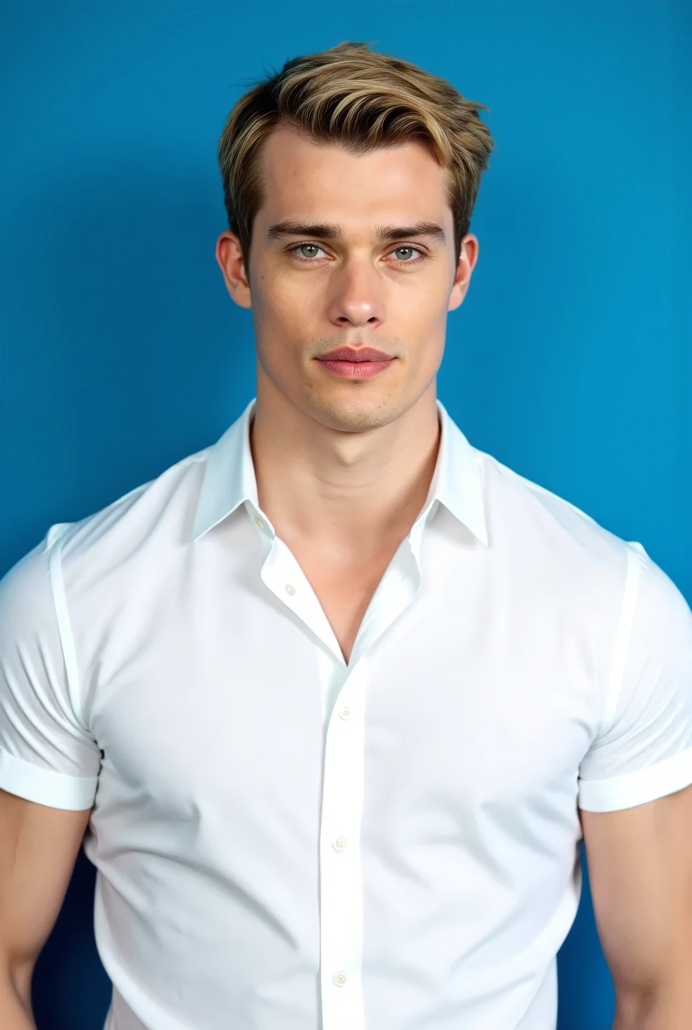 Nicholas Galitzine. The image is a high-resolution photograph featuring Nicholas Galitzine standing against a solid blue background. He has a fair complexion and short, styled blonde hair. He has a strong jawline, sharp cheekbones, and a slightly pointed chin, giving him a chiseled look. His hair is styled in a neat, slightly tousled manner, swept back from his forehead. He has expressive, piercing blue eyes and a firm, determined expression on his face. He is wearing a crisp, tight white button up shirt, that’s stretched tight across his muscled chest and arms.