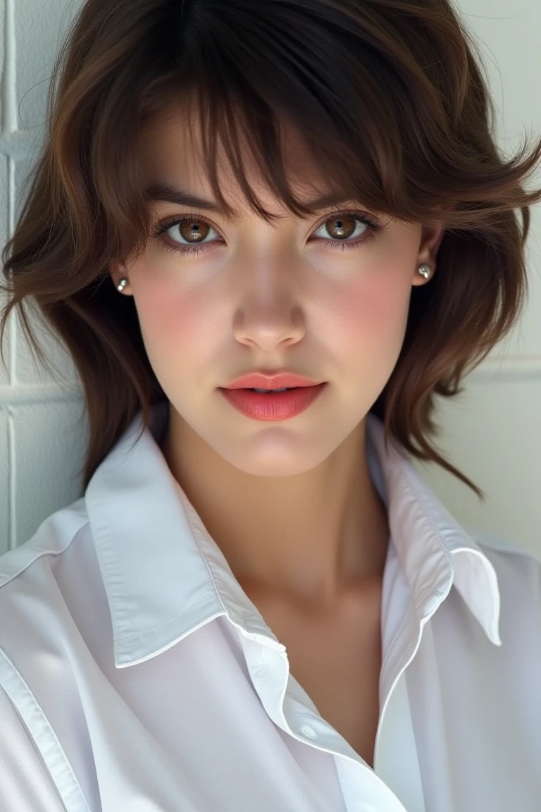 ((highest quality, 8K, masterpiece :1.3)), sharp focus :1.2, beautiful woman with perfect figure :1.4, thin abs :1.2, ((dark brown hair, big breasts :1.2)), (white button up long shirt :1.1), city street:1.2, Highly detailed face and skin texture, fine eyes, double eyelid,cleavage
