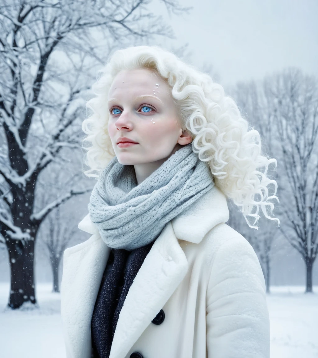 <lora:FemcloudSDXL:0.75>, a femcloud young woman, pale skin, sky, winter, white coat, falling snow, looking to the side, serious, ((slavonic face)), ((real photo))