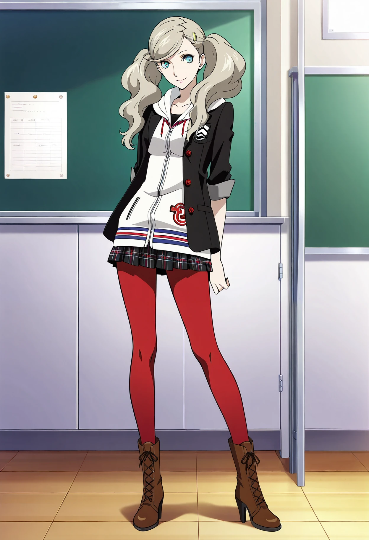 1 girl, solo, cute face,
p5ann, twintails, long hair, takamaki ann, blonde hair, hairclip,
skirt, school uniform, jacket, open clothes, hairclip, hood, miniskirt, sweater, open jacket, black jacket, hoodie,hood down, white sweater, red pantyhose, hooded cardigan, shuujin academy school uniform, brown footwear, cross-laced footwear, high heel boots, lace-up boots, 
full body, smile,
standing, classroom, looking at viewer, smile,
masterpiece, best quality, ultra detailed,