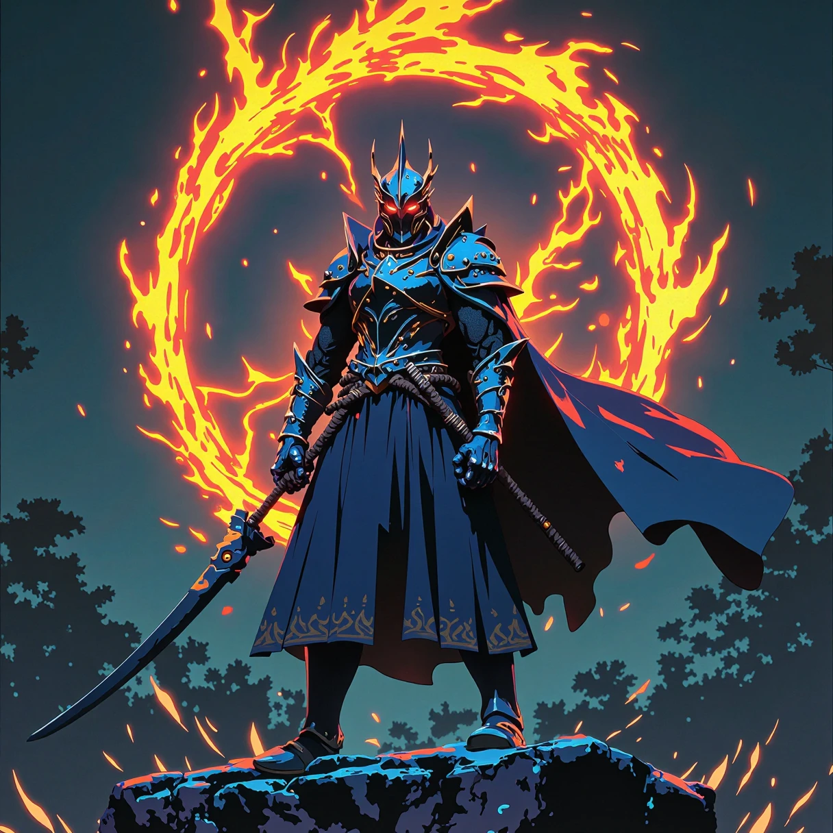 A digital painting of a heroic figure standing on a rugged rock, wearing an intricately designed, full-body armor set with a large, ornate helmet and glowing orange eyes. The figure's long, flowing cloak billows behind them, caught in the wind. They grasp a majestic staff with a pointed tip, adorned with runes, and a long, curved blade with a sharp, pointy end. A vibrant, orange-lit magic circle glows behind them, surrounded by misty, moonlit trees. The atmosphere is mystical, with an intense, fiery glow emanating from the circle, as the figure stands proudly, looking directly at the viewer.