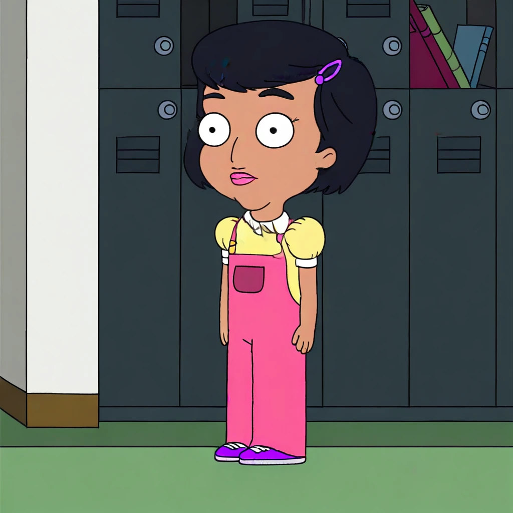 overalls, style parody, lipstick, Reshma, hair clip, hair ornament, Shirt, short hair, black eyes, black hair, child, dark-skinned female, hairclip, dark skin, parody, short sleeves, female child, shirt hair, solo, shoes, pink overalls, standing, yellow shirt, shirt, 1girl