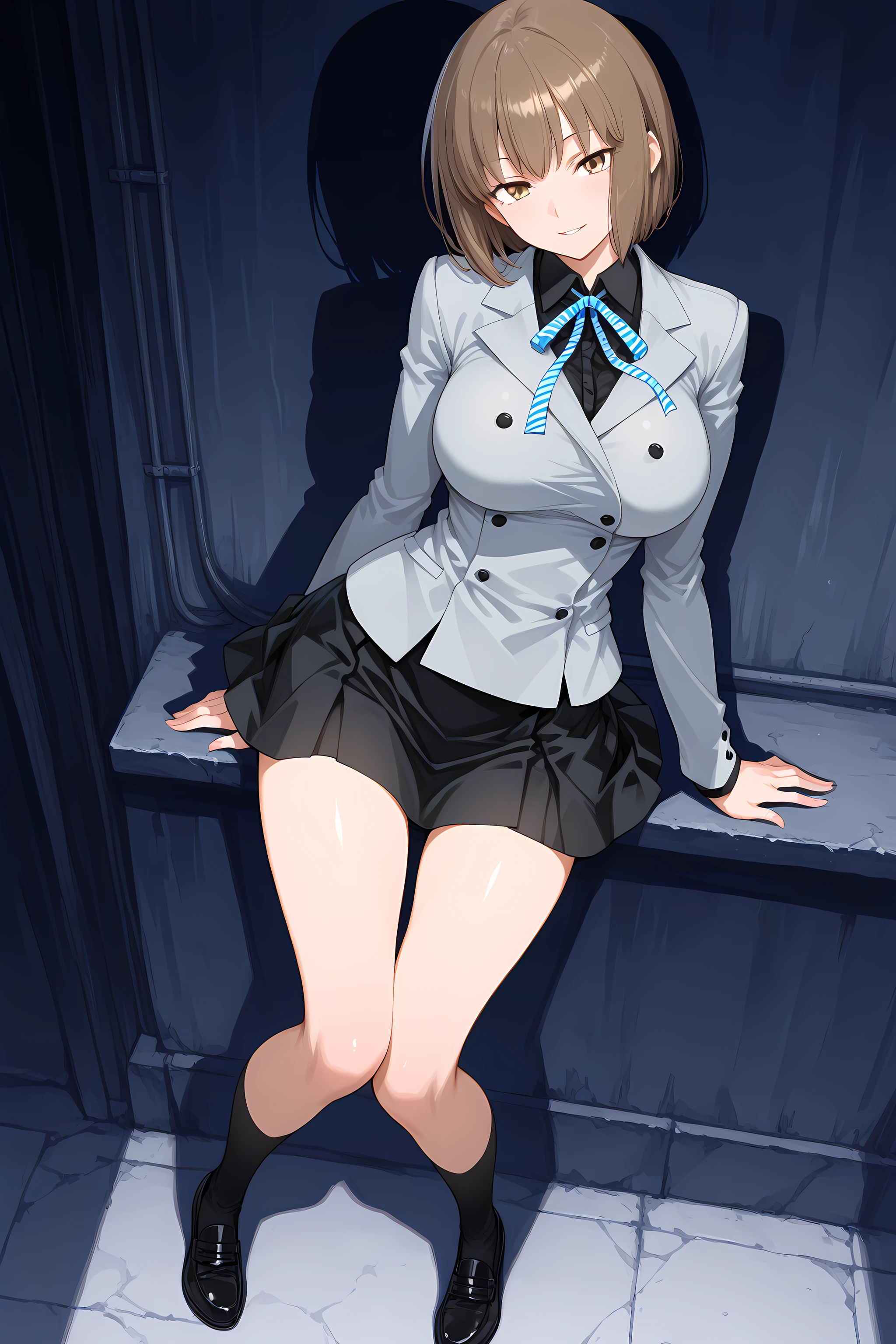 nitta_io(ds2), 1girl, solo, brown hair, short hair, large breasts, brown eyes, seductive smile, looking at viewer, ribbon, grey jacket, black skirt, parted lip, midnight, dark alleyway background, full body, <lora:NittaIo-IllustXL:1>, (masterpiece),(best quality),(ultra-detailed),(best illustration),(best shadow),(absurdres),(detailed background),(very aesthetic),