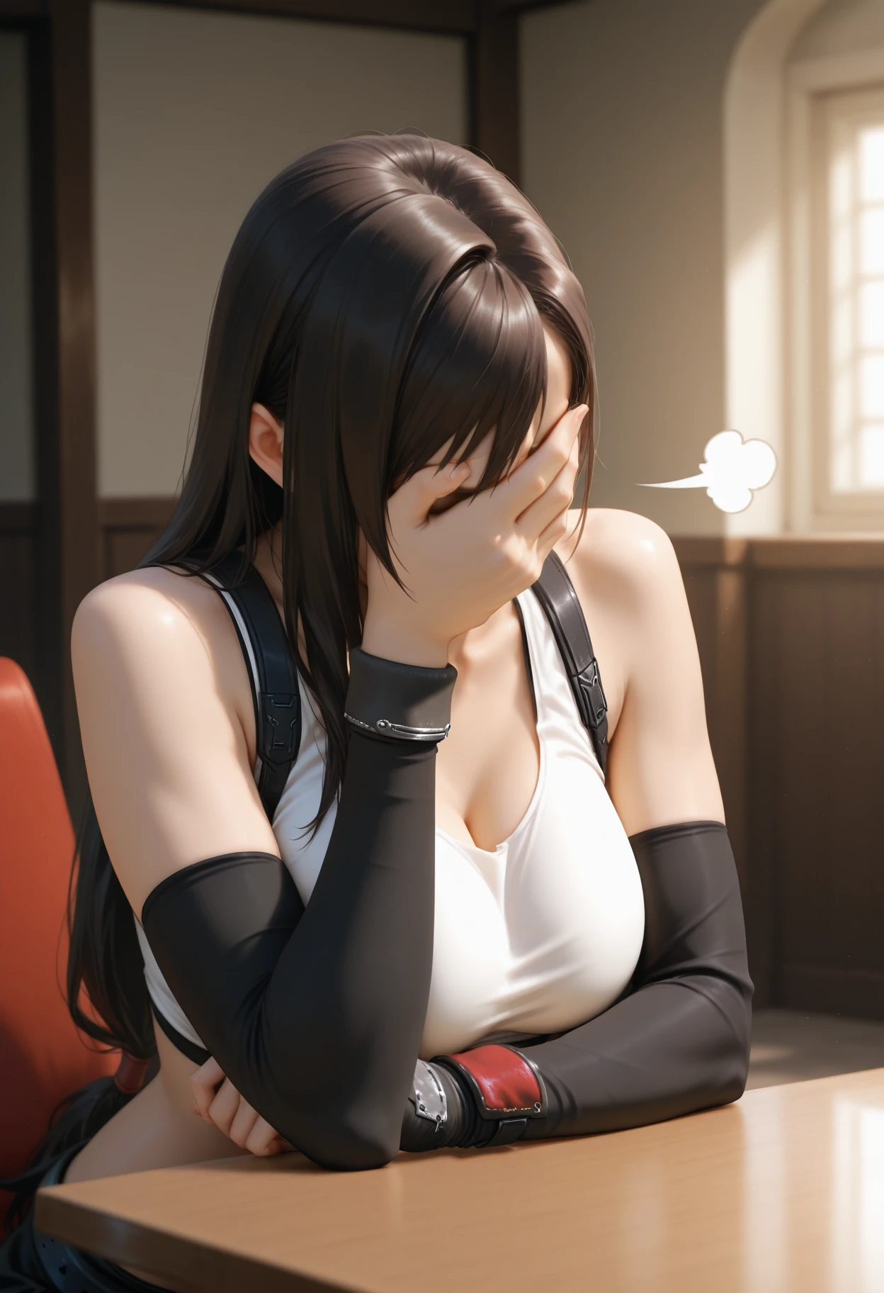 masterpiece, best quality, realistic, 
<lora:Facepalm [IL]_1:0.8> facepalm, upper body, hand on own face, covering face, sits, sigh, frown, 
tifa lockhart, white tank top, table, black elbow sleeve,