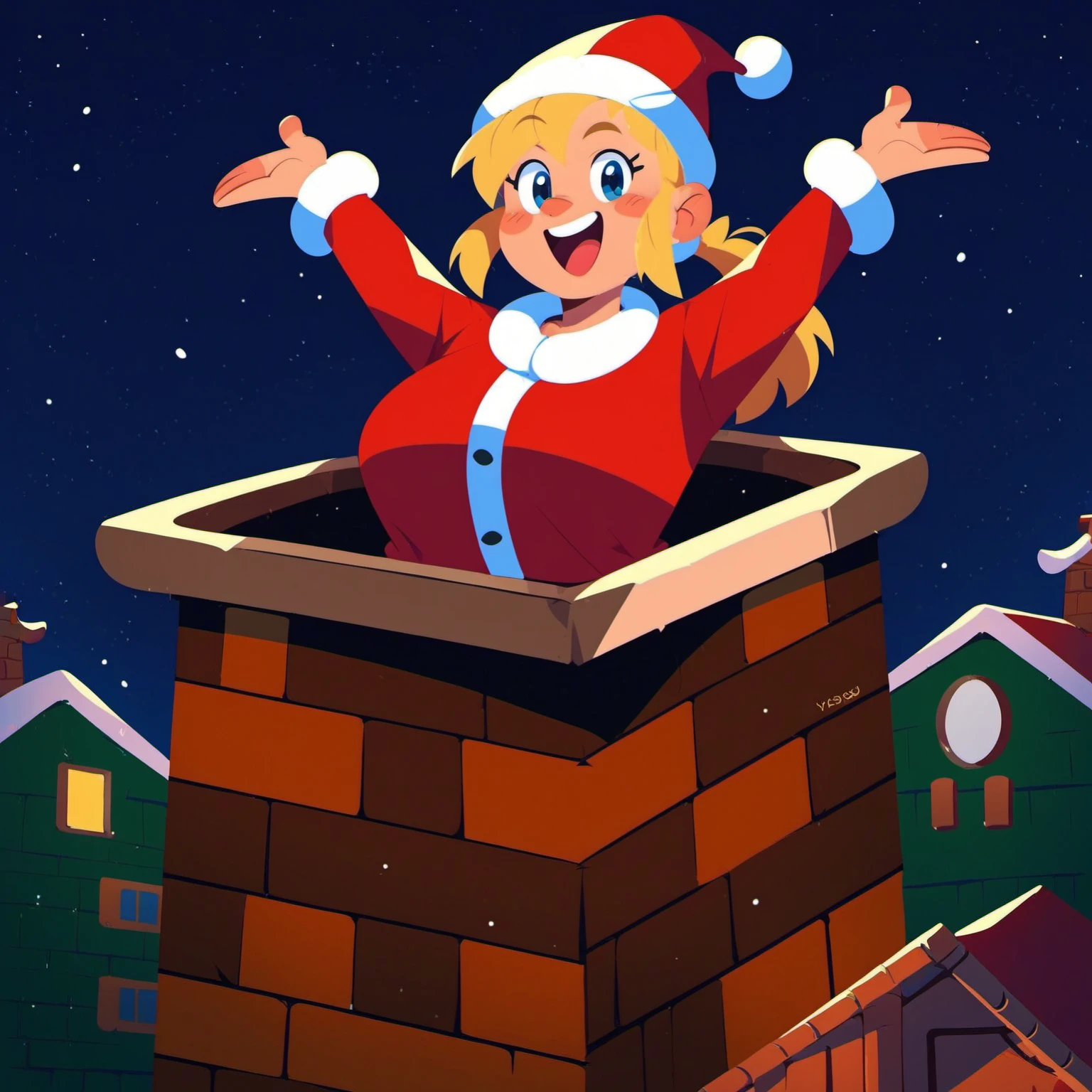 score_9, score_8_up, score_7_up, santa woman, santa in chimney, arms up, long blonde hair <lora:santa_in_chimney_01_resized:1>