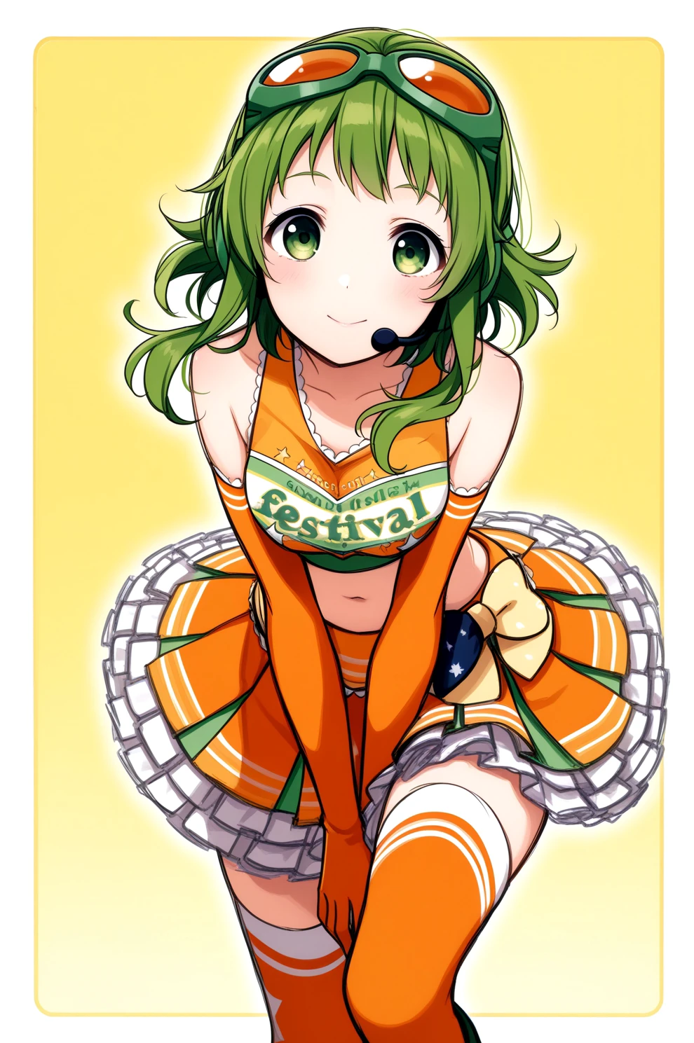 <lora:sifcheer:1>, sifcheer outfit, 1girl, elbow gloves, thighhighs, crop top, (gumi), orange outfit, masterpiece, best quality