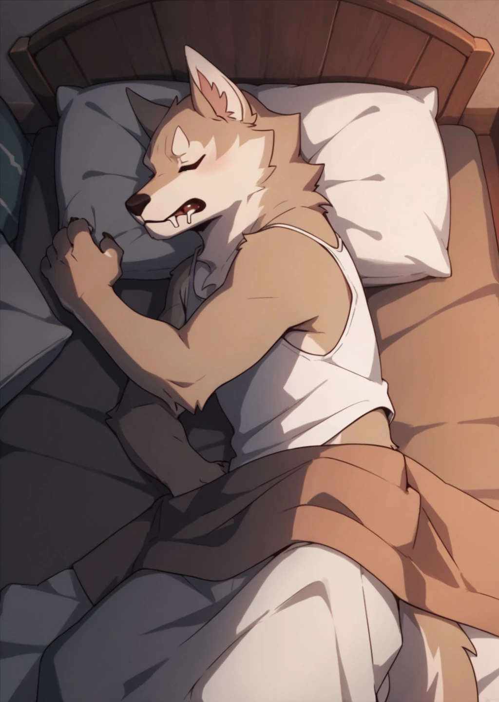 score_9, score_8_up, score_7_up, score_6_up, score_5_up, score_4_up, cute male furry feral satowolf, high angle, laying in bed, sleeping, drooling, closed eyes, white tank top, blanket, source_furry  <lora:Sato (Brand New Animal)_epoch_11:0.8> satowolf, anthro, furry, 1boy, patterned fur, grey fur, wolf tail,