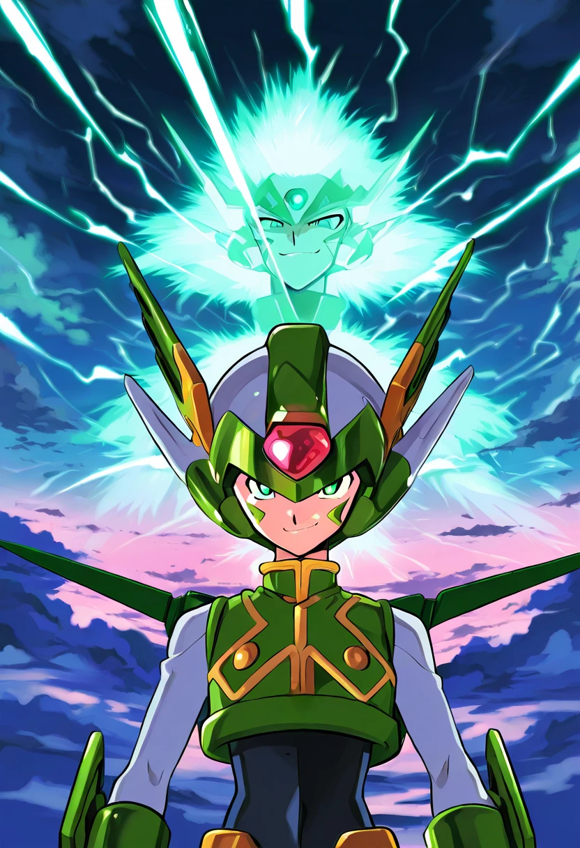 source anime,highly detailed,score 9,score 8 up,score 7 up, <lora:Sage_Harpuia:1> harpuia, solo, 1boy, midair, flying, sky, clouds, thunder, thunderbolt, thunder clouds, night, helmet, forehead jewel, green eyes, facial mark, crop top, white gloves, sword, energy sword, arms at sides, smirk, upper body