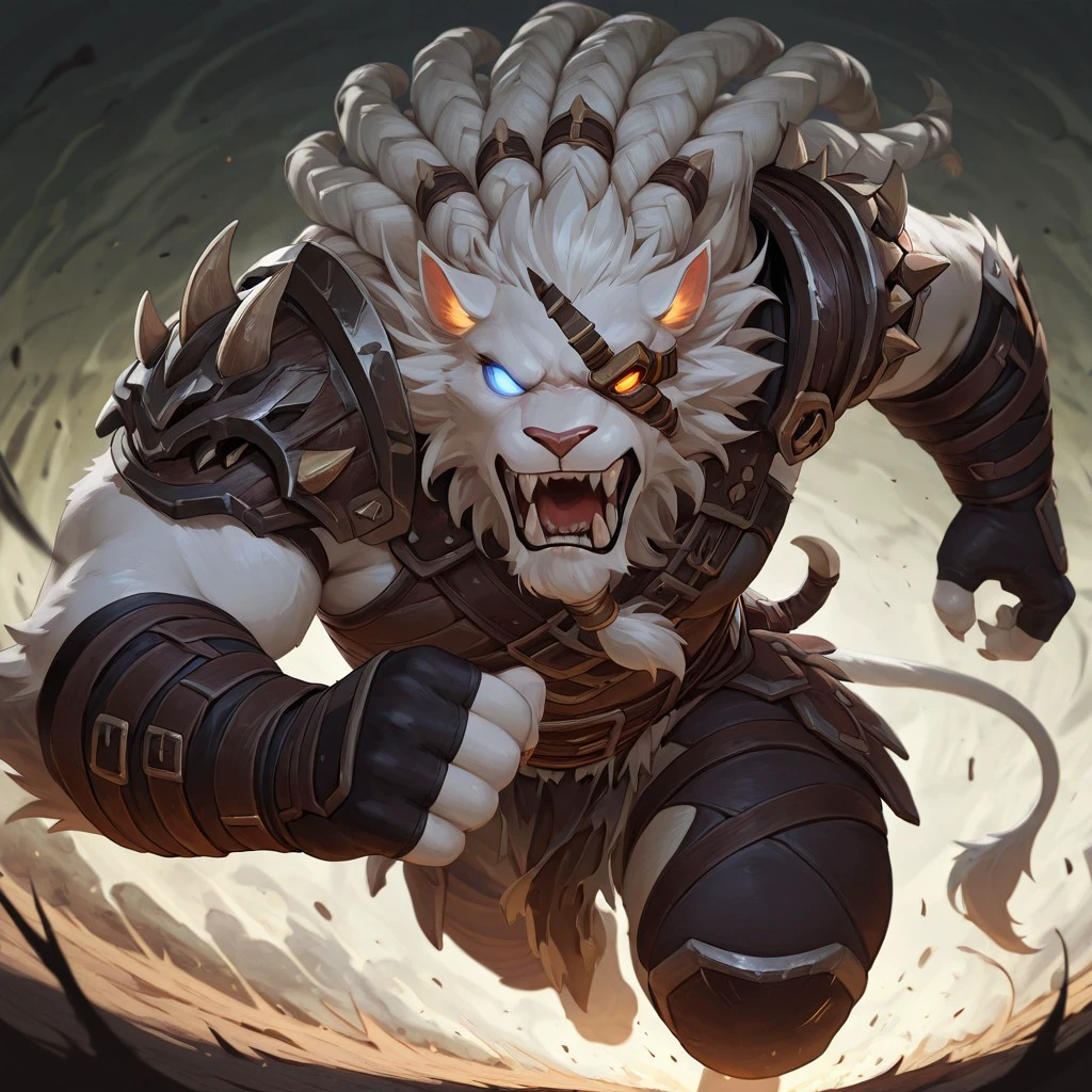 masterpiece, best quality, amazing quality, null-ghost, 1boy, solo, Rengar, Eyepatch, armor, bara, glowing eyes, roaring, running, >