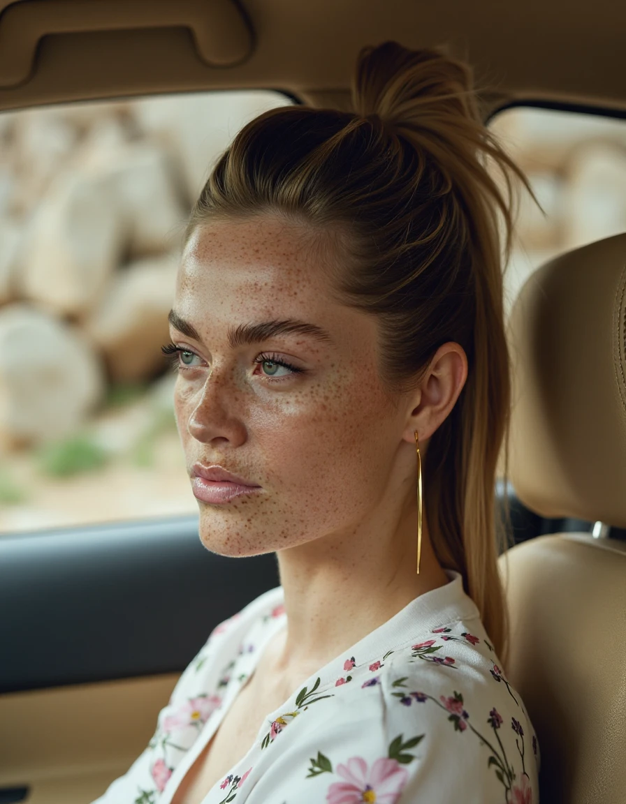 The image is a close-up of a beautiful woman's face, looking out the window of a car. The woman's hair that is pulled back in a ponytail. She has a serious expression on her face, with her lips slightly parted and her eyes looking off to the side. She is wearing a white shirt with a floral pattern. The car seat is beige and has a beige cushion on the right side. Through the window, we can see a blurry view of a rocky landscape. The overall mood of the image is somber and contemplative.  <lora:swantji_paulina_dev_f1:1> <lora:FLUX.1-Turbo-Alpha:1>