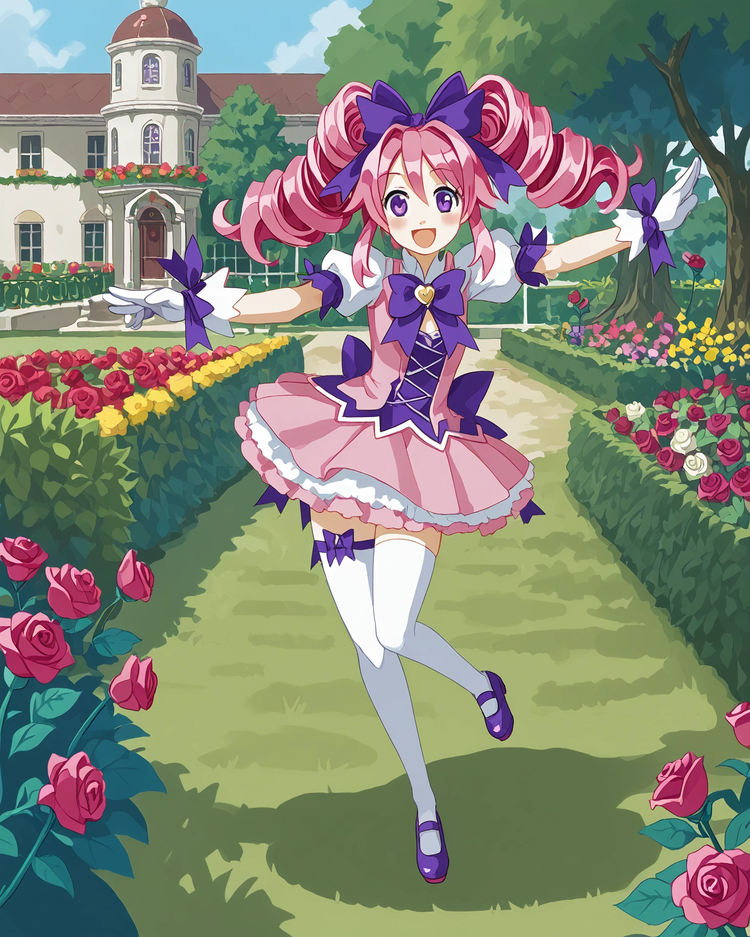 1girl, magal, pink hair, purple eyes, dancing, standing on one leg, happy, ribbons, very detailed clothing, magal clothing, glittering roses, jacquard fabric, garden, rose bushes, masterpiece, highest quality, absurdres, digital art, very detailed, score_9, score_8_up, score_7_up,  <lora:MagicalGirl_XL:1.1>,  <lora:harada_takehito_PDXL:1> harada takehito