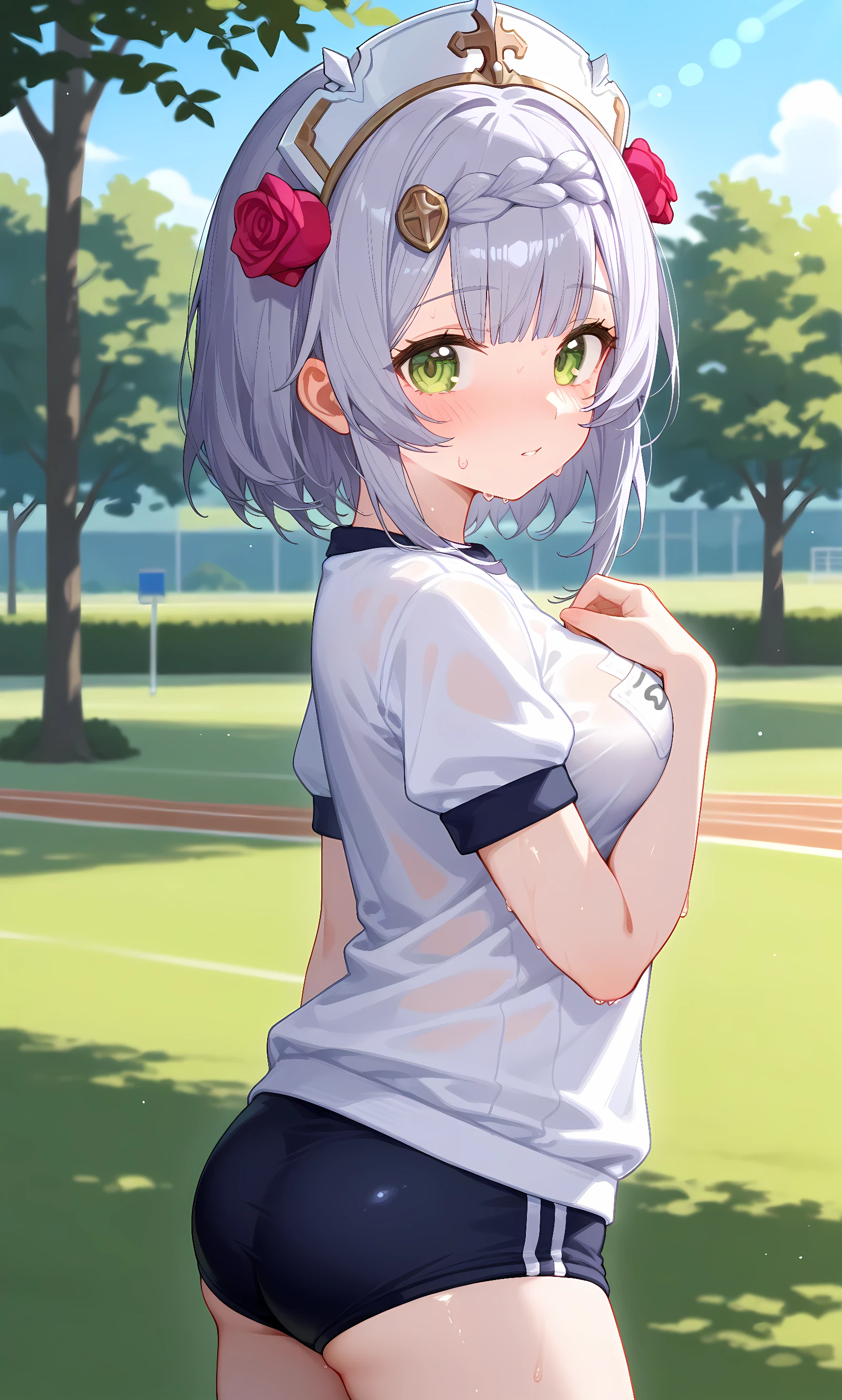 score_9, score_8_up, score_7_up, source_anime, 1girl, solo, outdoors, park, cowboy shot, looking at viewer, shiny skin, close-up, white shirt, short sleeves, gym uniform, black buruma, sweat, from side, noelle (genshin impact), grey_hair, green_eyes, braid, short_hair, wavy_hair, medium_hair, hair_flower, maid_headdress, red_rose, braided_bangs