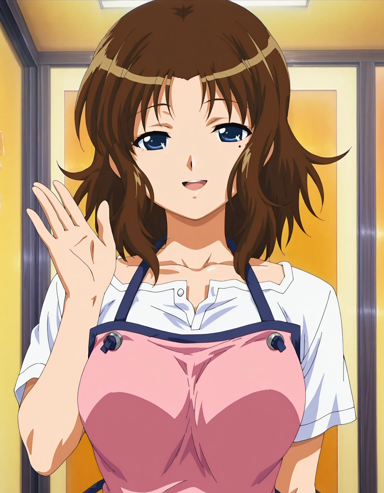 aoi_kashima,solo,1girl,looking at viewer,hand up,open mouth,long apron,shirt,smile,upper body,masterpiece,best quality,amazing quality    <lora:aoi_kashima-ILXL:0.9>, anime screencap,