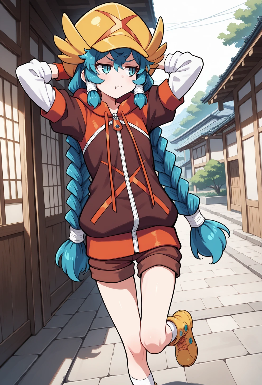 masterpiece, best quality, high quality, anime, <lora:AEMelIllx:1>AEMel, aqua eyes, slit pupils, blue hair, twin braids, sidelocks, hair tubes, very long hair, yellow hat, Brown hoodie, layered sleeves, short over long sleeves, white sleeves, zipper, bracelet, Orange wristband, Brown shorts, White socks, yellow boots, fang out, pout, bored, arms behind head, looking to the side,  walking, outstretched leg,