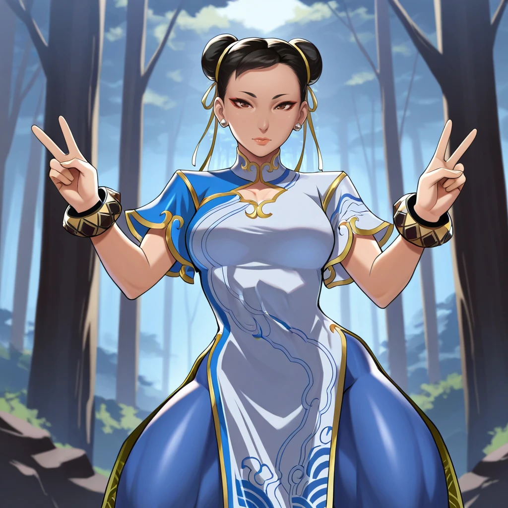 masterpiece, best quality, Chun-li_SF6, 1girl, solo, black hair, double bun, brown eyes, china dress, blue pantyhose, cowboy shot,  <lora:Chun-li_SF6_illustrious_Leaf1:1>, forest, double v,