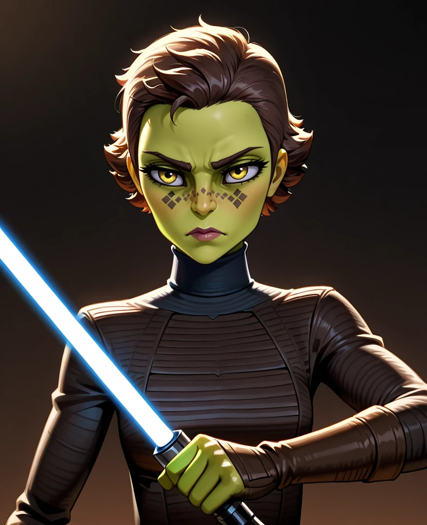 masterpiece, 1440p, 8k, UHD, amazing quality, high resolution, <lora:Barriss_Offee_Illustrious:1> barris-offee, star wars, clone wars, 1girl, solo, green skin, Mirialan, facial tattoo, colored skin, yellow eyes, brown hair, short hair, tomboy, pixie cut, caplet,  brig interior, blue forcefield, bodysuit, lightsaber, single-handed, weapon, offensive sword stance, frown, upper body, face focus