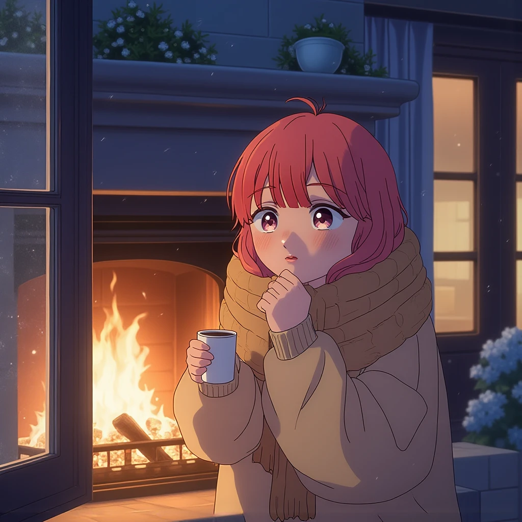 Yuki in a cozy sweater, sipping hot chocolate by a fireplace during a snowstorm outside