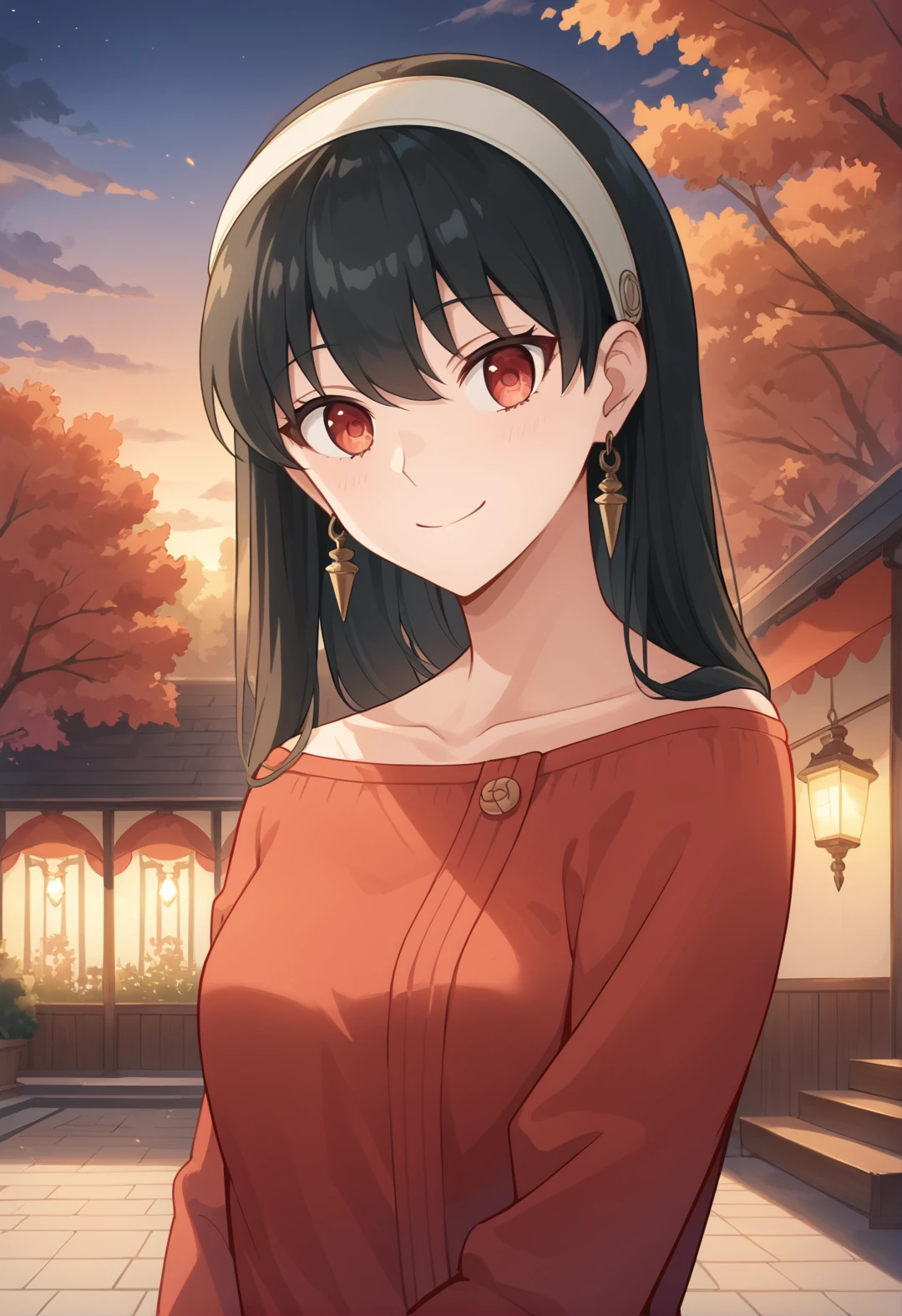 score_9, score_8_up, score_7_up, source_anime, masterpiece, best quality, highly detailed background, cinematic lighting, detailed eyes, detailed pupils, perfect face, Yor Forger, unique outfit, looking at viewer, portrait, cute, smile, park, lanterns, festival, clouds, sunset, dark, warm light,
 <lora:Yor_Forger_Pony:0.8>