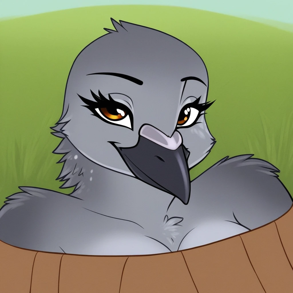 Anthro, pigeon, avian, Female, face focus, grey body, smile, outdoors, solo