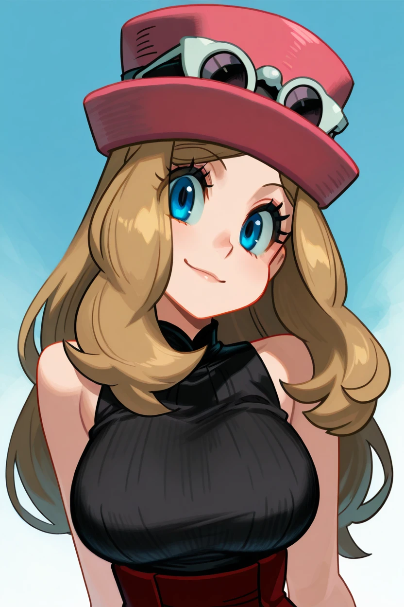 masterpiece, best quality, 1girl, solo, eyelashes, (beautiful eyes),   zzSerena, solo, long hair, blue eyes, eyewear on headwear, pink headwear, eyelashes, sleeveless shirt, black shirt, bracelet, high-waist skirt,   looking at viewer, smile, bangs, large breasts,  upper body, head tilt, <lora:SerenaPokemonIXL_v2:1.0>,  ,<lora:AlexAhad_IXL_v1:1.0>,