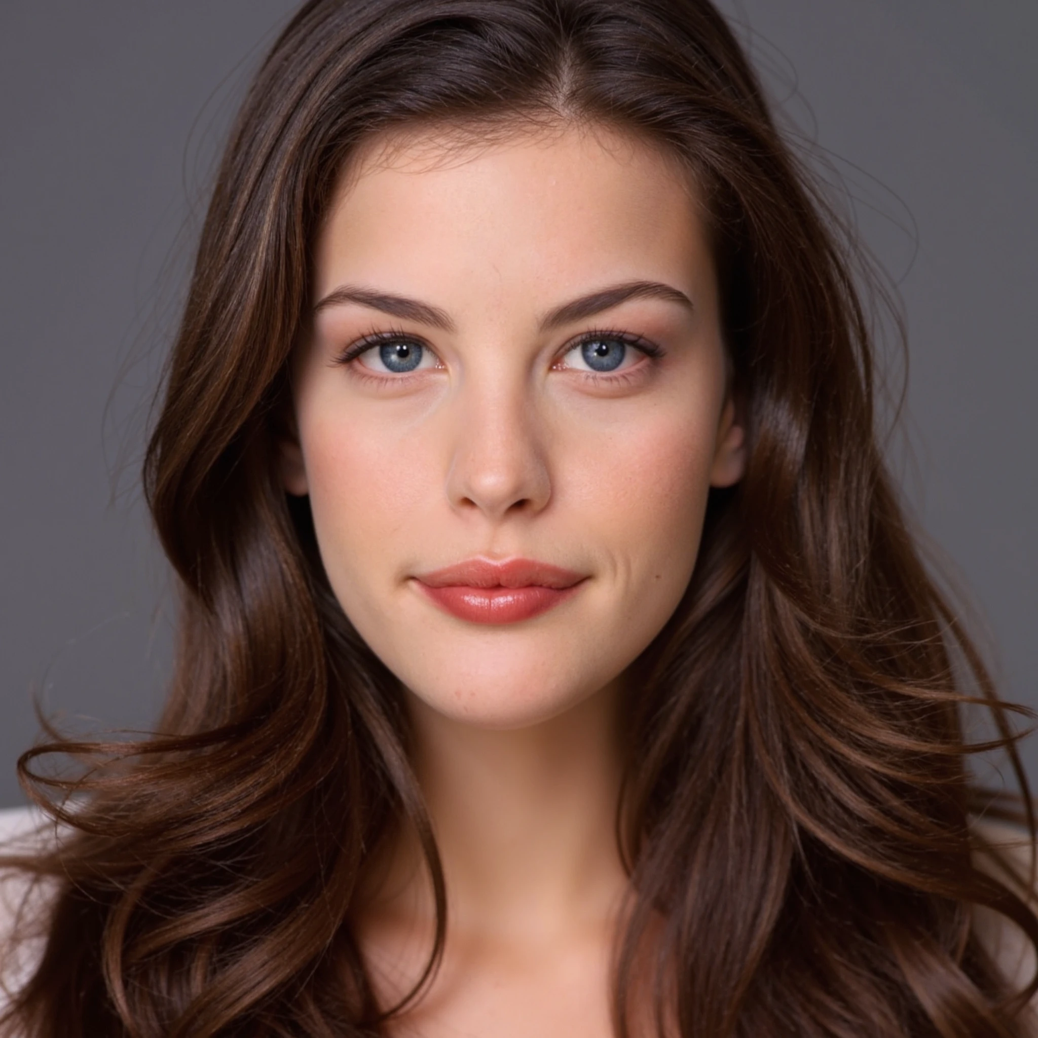 Closeup studio portrait of a woman with long wavy hair. Her eyes and lips are the main focus of the photograph.