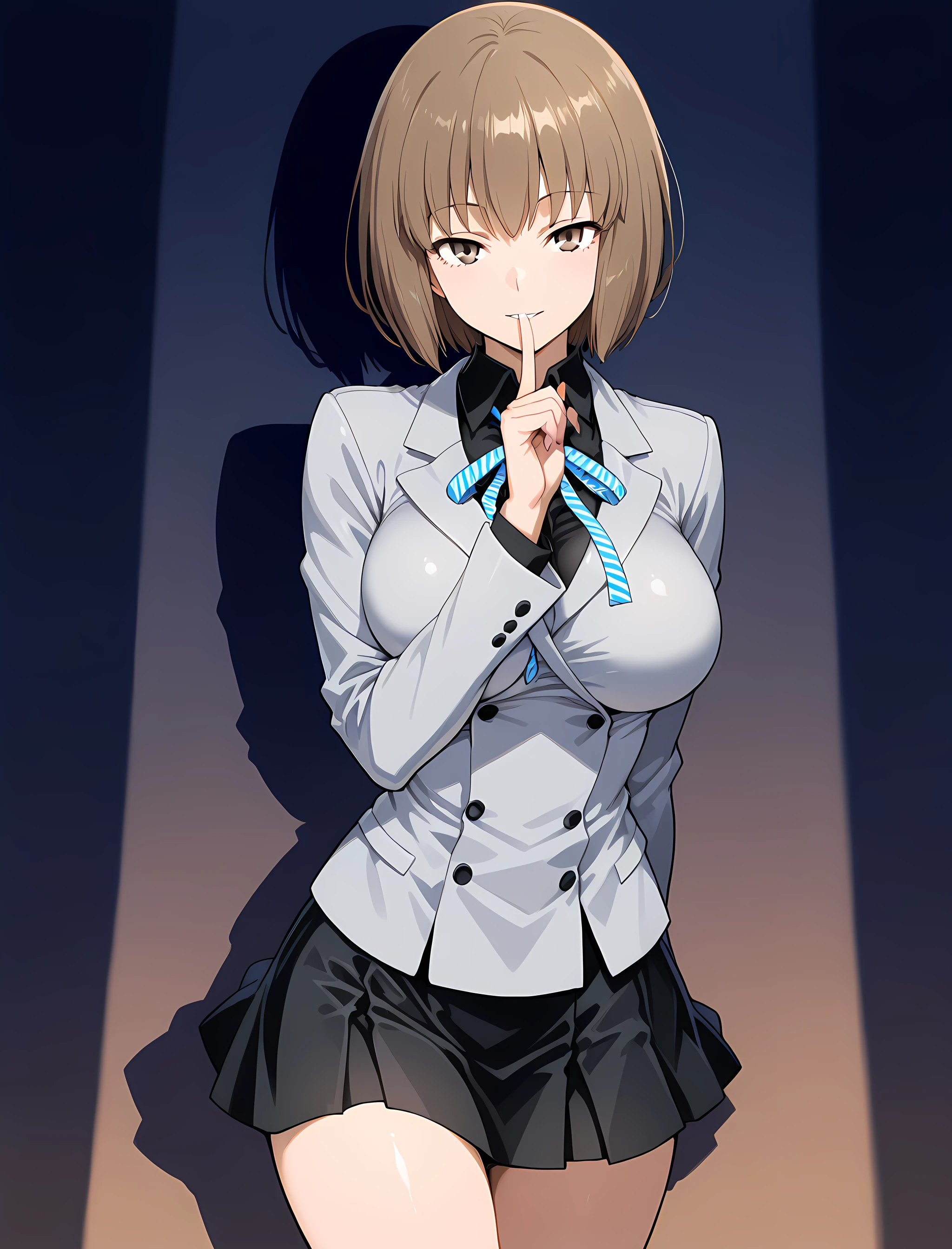 nitta_io(ds2), 1girl, solo, brown hair, short hair, large breasts, brown eyes, seductive smile, looking at viewer, ribbon, grey jacket, black skirt, shushing, parted lip, finger to mouth, midnight, dark alleyway background, cowboy shot<lora:NittaIo-IllustXL:1>, (masterpiece),(best quality),(ultra-detailed),(best illustration),(best shadow),(absurdres),(detailed background),(very aesthetic),