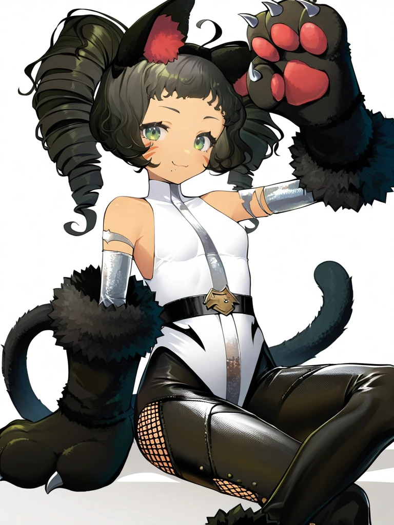 ,catkanjira,1girl,solo,animal ears,tail,drill hair,cat ears,cat tail,animal hands,green eyes,leotard,animal ear fluff,looking at viewer,black hair,gloves,cat girl,ahoge,fur trim,twin drills,smile,bangs,closed mouth,simple background,white background,front view,crossed legs,sitting,arms up,<lora:kanjira-a:1>, masterpiece, best quality, very aesthetic, absurdres