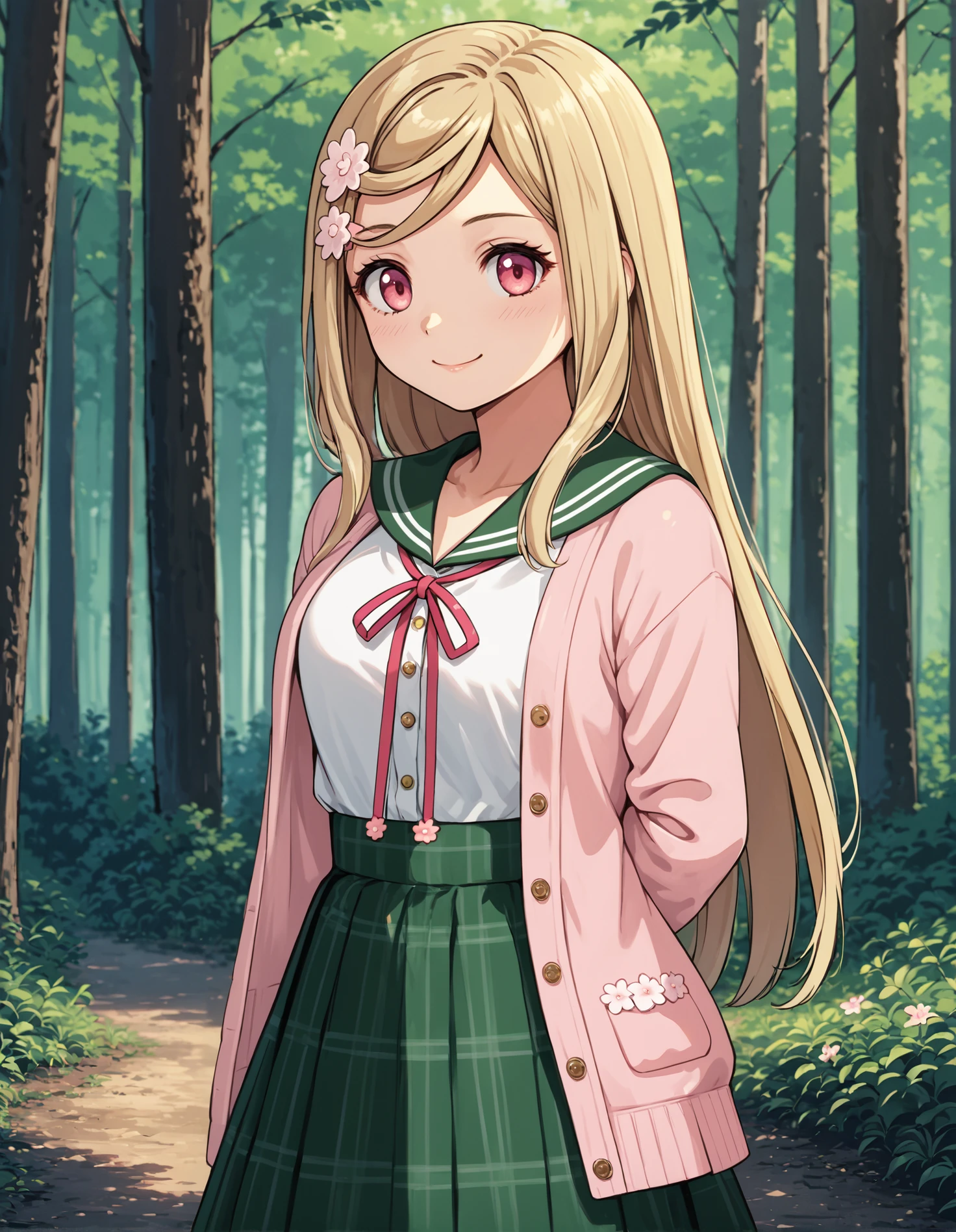 score_9, score_8_up, source_anime, 1girl, upper body, medium shot, detailed, mgrcsashakurusu, blonde hair, sidelocks, long hair, pink eyes, flower hairpins, white shirt, green sailor collar, pink neck ribbon, green checkered skirt, pink cardigan, outdoors, forest, evening, dynamic pose, light smile, hands behind back, <lora:mgrcsashakurusu_XL:0.9>