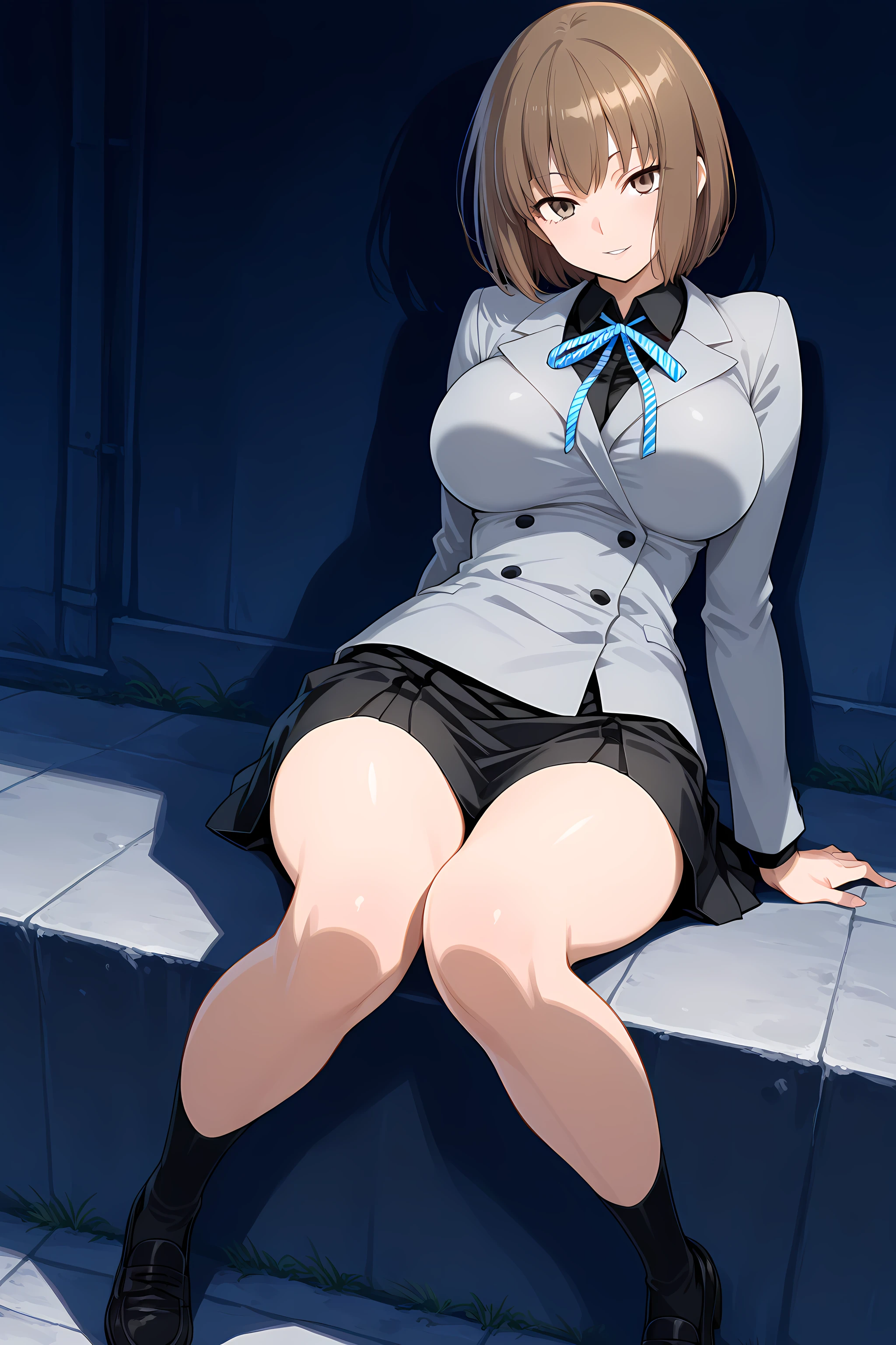 nitta_io(ds2), 1girl, solo, brown hair, short hair, large breasts, brown eyes, seductive smile, looking at viewer, ribbon, grey jacket, black skirt, parted lip, midnight, dark alleyway background, full body, sitting on wall, <lora:NittaIo-IllustXL:1>, (masterpiece),(best quality),(ultra-detailed),(best illustration),(best shadow),(absurdres),(detailed background),(very aesthetic),