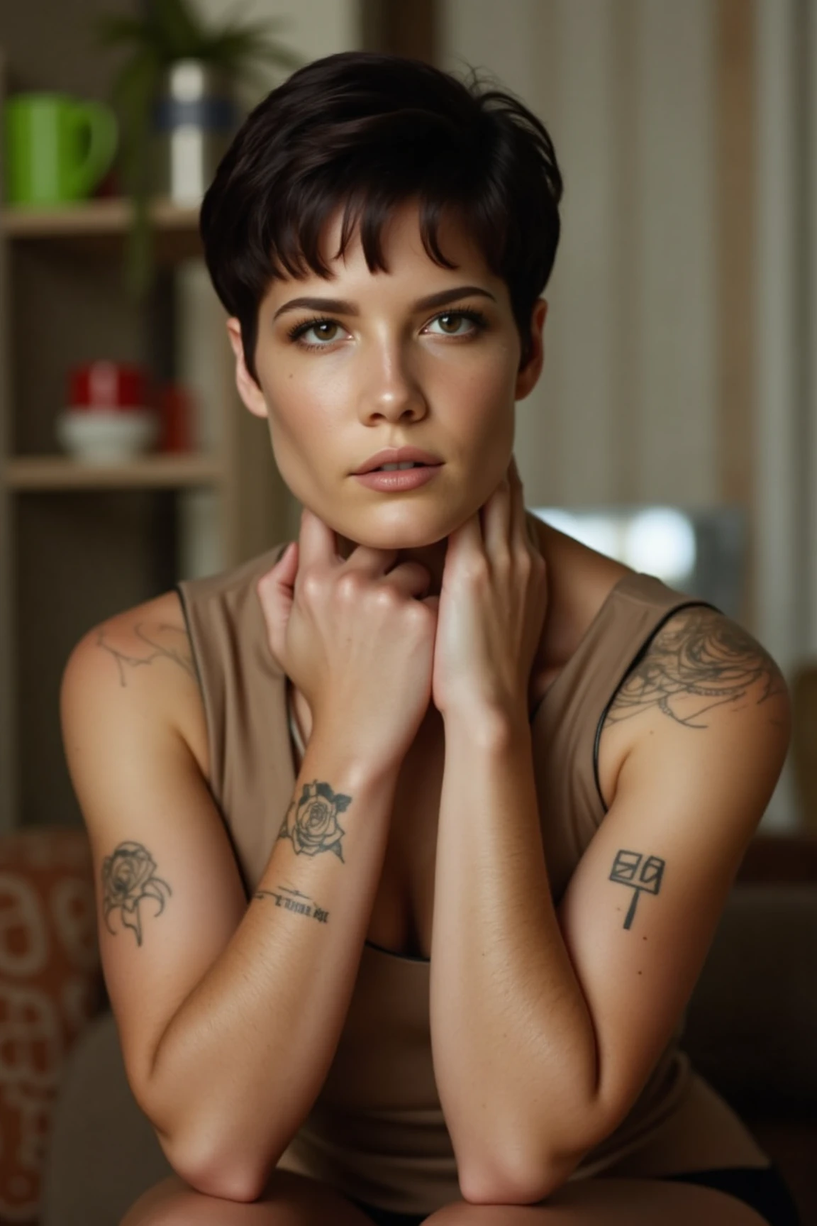 "A captivating portrait of a woman with piercing eyes and a determined gaze. Her short hair is styled in a sleek, pulled-back look, emphasizing her strong facial features and flawless complexion. She wears a sleeveless outfit. She has tattooes on her hands. The background is softly blurred, featuring a mix of natural and indoor elements"