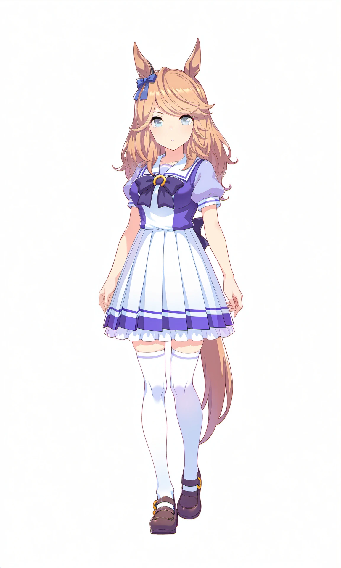 white background,transparent background,simple background,GCschoolShort,horse girl,tracen school uniform,blue ear ornament,purple bow,back bow,horseshoe ornament,purple sailor shirt,puffy short sleeves,white pleated skirt,white thighhighs,brown footwear
front view,looking at viewer,standing,full body,
masterpiece,best quality,highres,absurdres,1girl,solo,umamusume,game cg,<lora:GoldCityILExtraV1:0.9>,