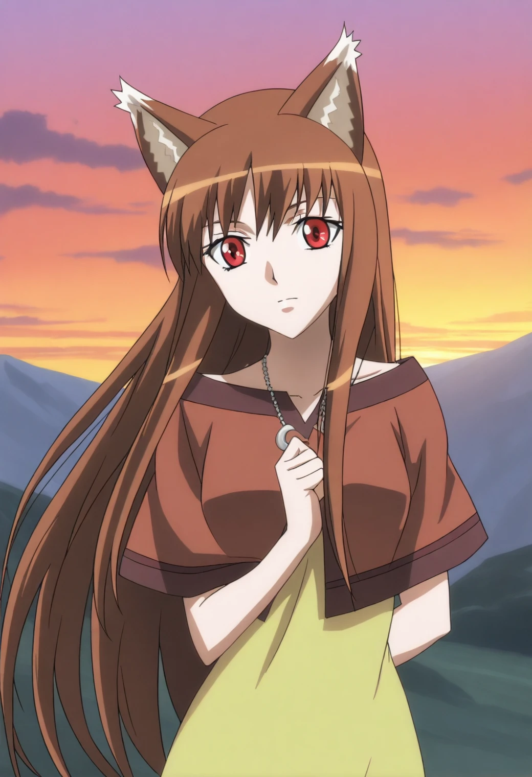 <lora:Holo - [Spice and Wolf] - illustriousXL v1:1>, sysdeep_holo, wolf ears, brown hair, red eyes, long hair, anime coloring, 1girl, solo, silver necklace, mountaintop, wind through hair, standing in sunrise