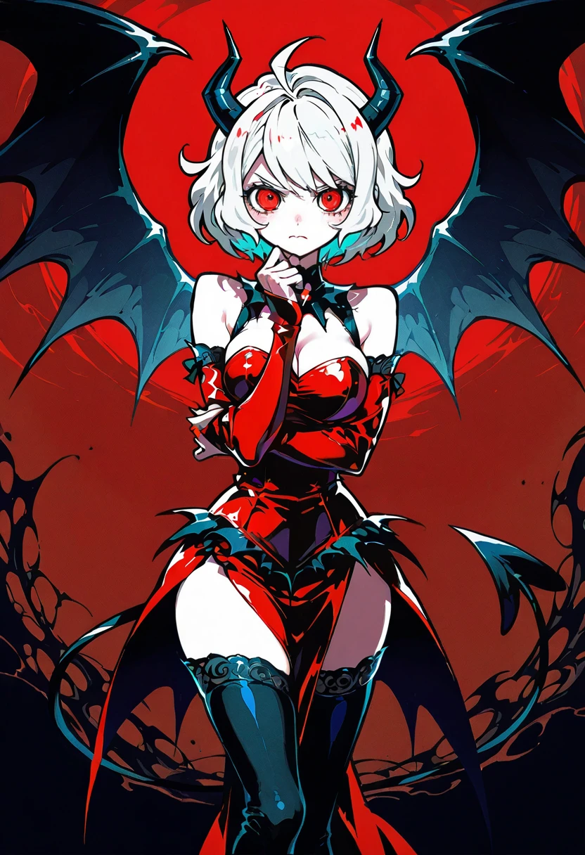 1girl,solo,looking at viewer,ikeda ruriko,demon dress, demon wings,detached sleeves, red dress, modeus_(helltaker)