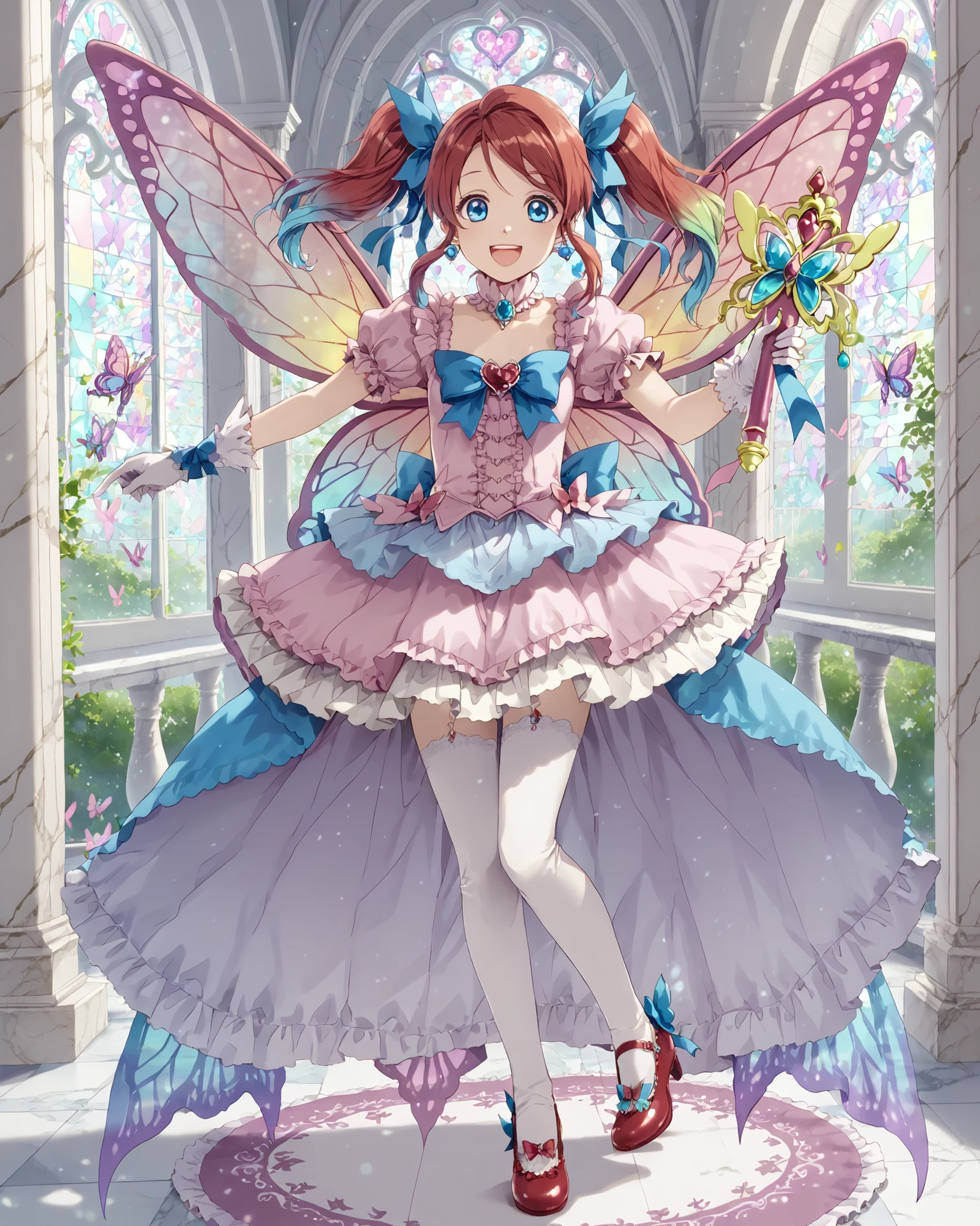 1girl, magal, gradient hair, (holding magal staff in one hand), hair accessories, blue eyes, dancing, happy, blue ribbons, pink butterfly wings, jewelry, extremely detailed clothing, magal clothing, (fancy mansion interior:1.1), vases, jacquard fabric, masterpiece, highest quality, absurdres, digital art, very detailed, score_9, score_8_up, score_7_up, (mary-jane shoes:1.1),( full body:1.1),  <lora:MagicalGirl_XL:1.1>,  <lora:by_persicaria_eater-pony:1> by Persicaria Eater