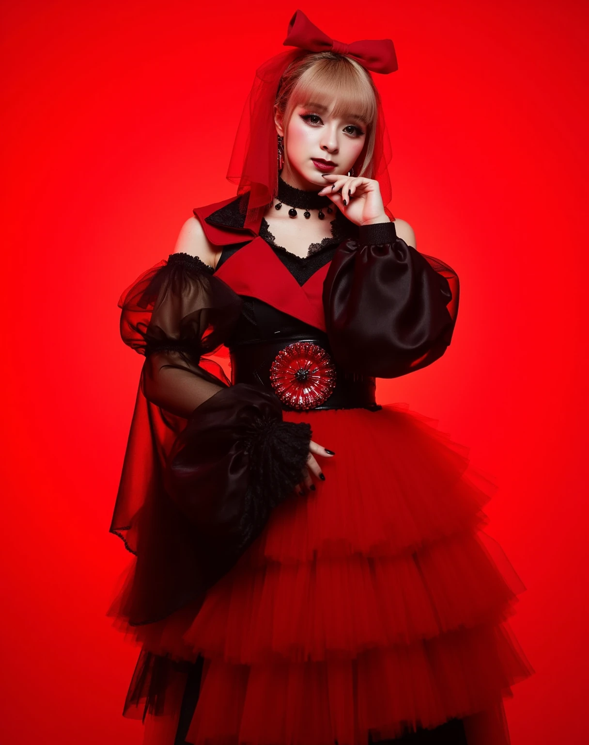 This is a high-resolution photograph of a young woman standing against a solid, vibrant red background. She has fair skin and straight, light brown hair with bangs. Her hair is styled with a large red bow on the left side. She is wearing an elaborate, theatrical costume that combines elements of gothic and modern fashion. The dress is predominantly red with black accents, featuring a high collar and long sleeves that are voluminous and layered. The bodice is black with intricate lace details, and the skirt is made of multiple layers of tulle, creating a voluminous, tiered effect that extends to a dramatic train. A black belt with a large, shiny red buckle cinches her waist, adding to the dramatic contrast. Her makeup is bold and dramatic, with dark eyeliner, red lipstick, and a subtle blush. She is accessorized with large, ornate earrings and a choker necklace. Her left hand is delicately placed near her chin, while her right hand rests on her hip, adding to the poised and confident demeanor of the subject. The overall style is reminiscent of a stage performance or a fashion photo shoot, emphasizing both elegance and edginess.